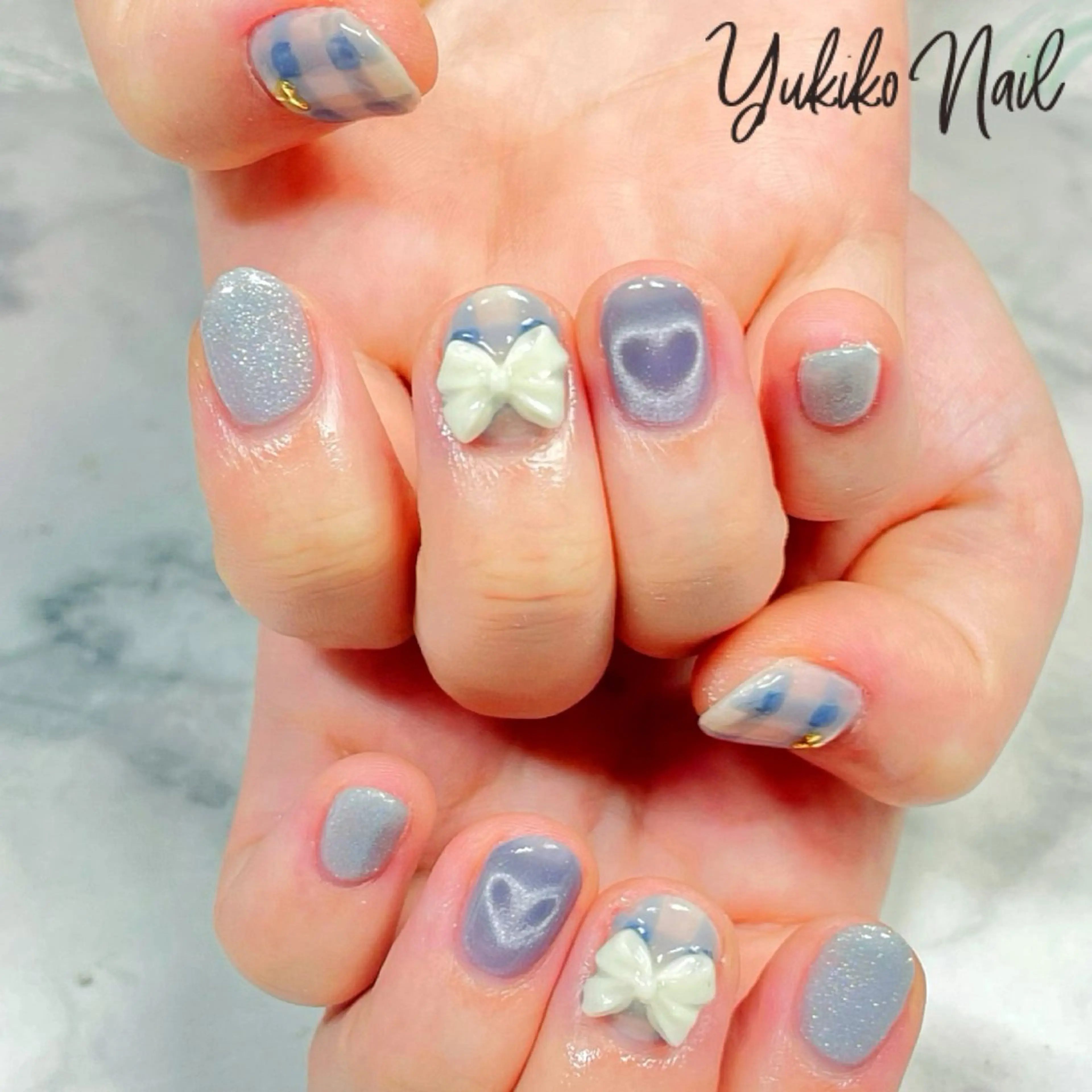ネイル ブルー ハート マグネットネイル リボン ハンドネイル ユキコ ネイルのネイルデザイン