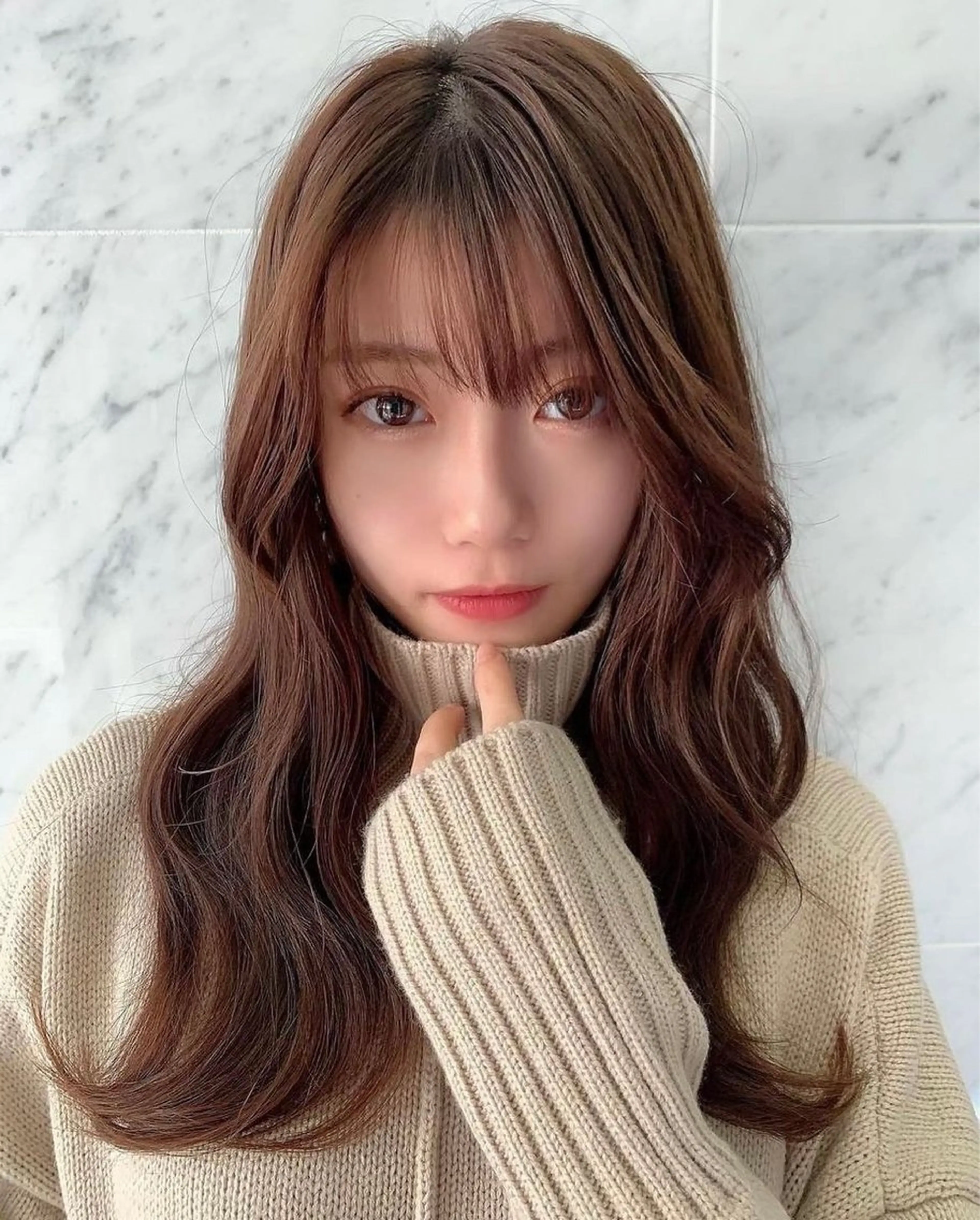 ロング ボブ ハイライト 髪質改善 韓国風ヘア 小顔カット ヘアカラー トリートメント 透明感カラー/カット 髪質改善/森栄範のヘアスタイル