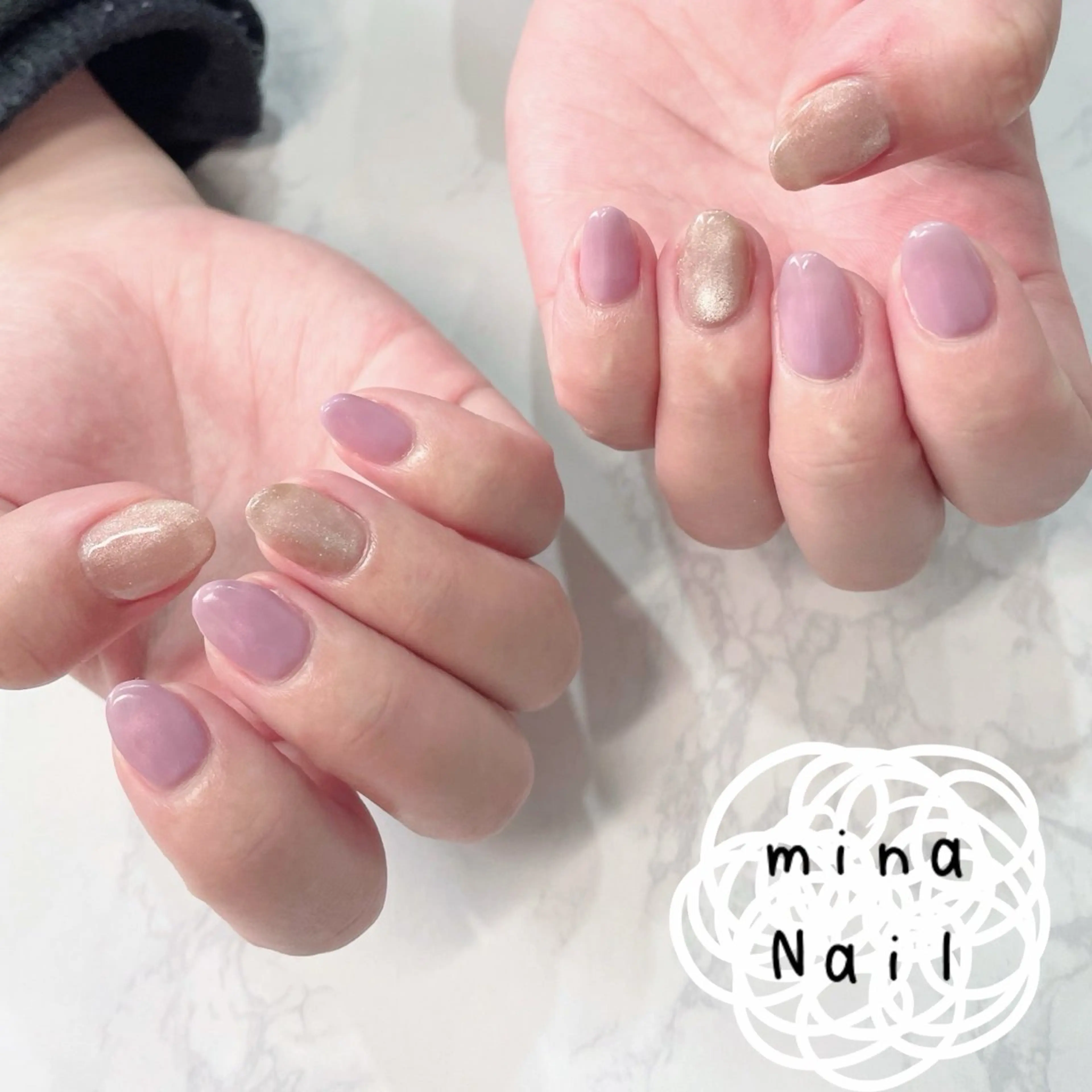 ネイル マグネットネイル オフィスネイル ピンク パープル シンプルネイル mina Nailのネイルデザイン