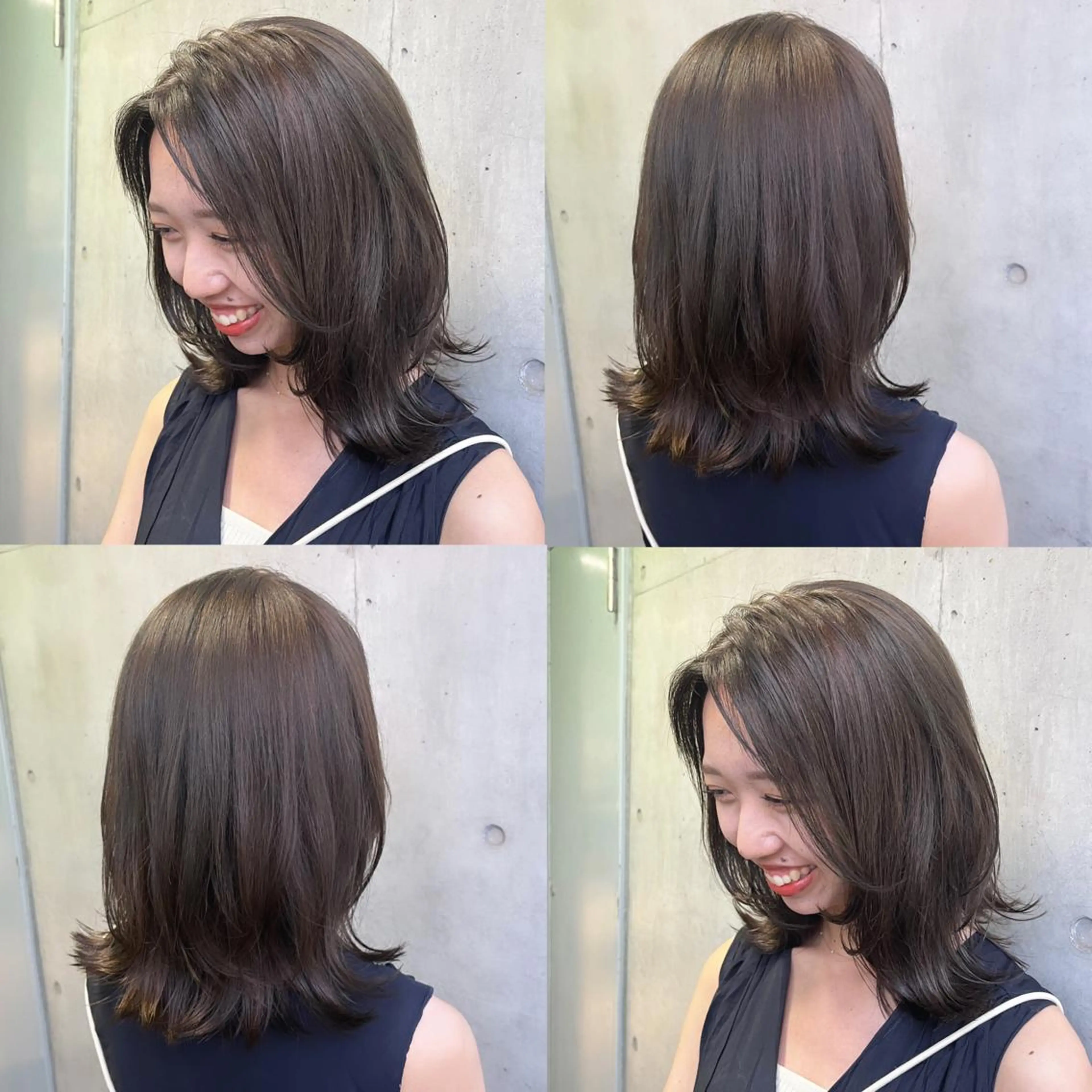 ミディアム カラー アッシュ アッシュブラウン アッシュグレー アッシュグレージュ ブラウンカラー カット ヘアカラー トリートメント ヘッドスパ ヘアセット カジュアルを女っぽく 𝗮𝘆𝗮𝗰𝗼のヘアスタイル