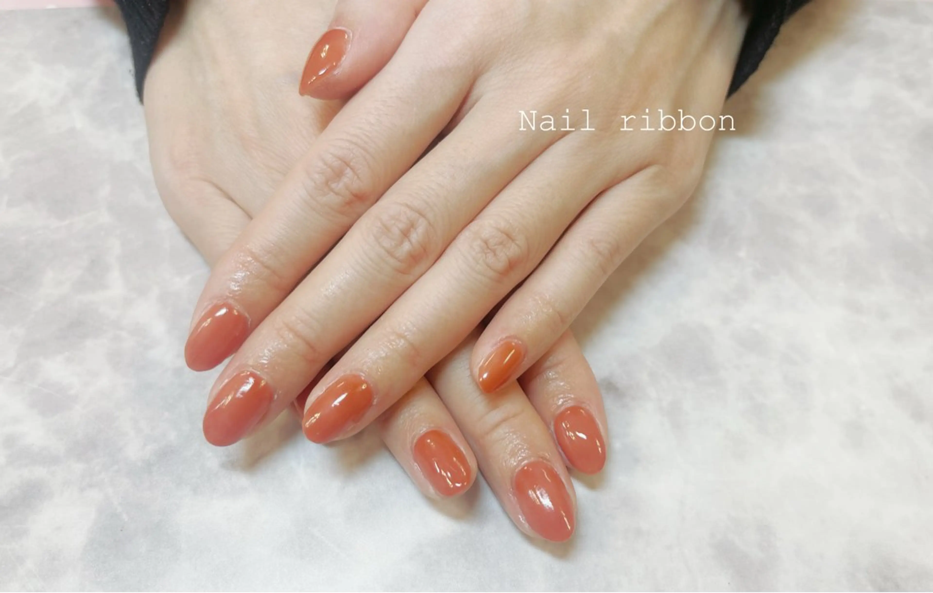 ネイル ワンカラーネイル オレンジ ネイルリボン 笠井のネイルデザイン