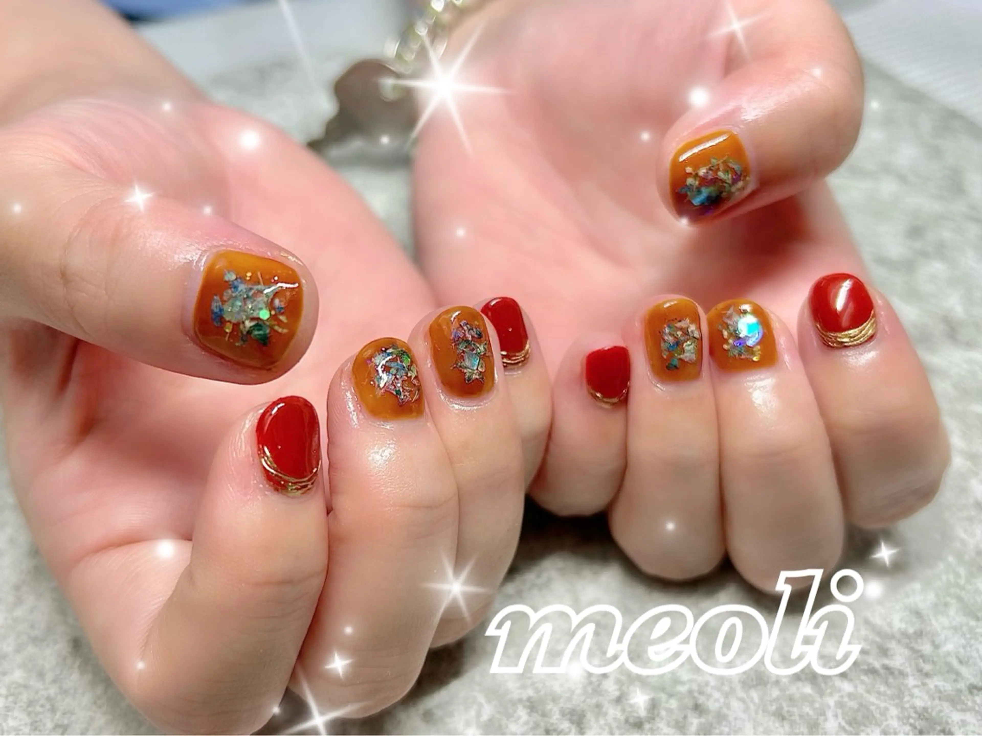 ネイル アートネイル ブラウン 赤色 nail salon meoli　アヤのネイルデザイン