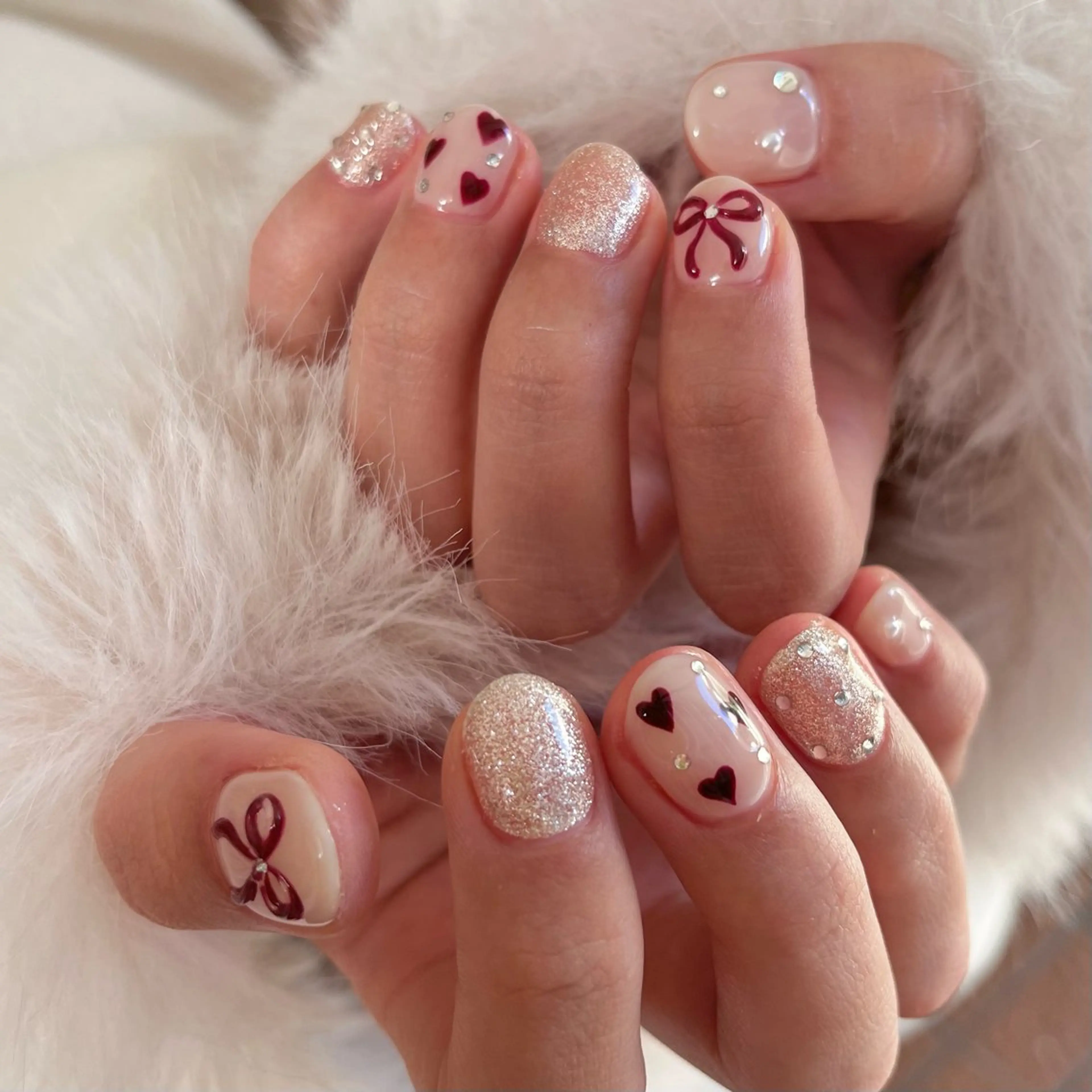 ネイル ボルドー ハート リボン ショートネイル ハンドネイル ballie／小野原 なつみのネイルデザイン