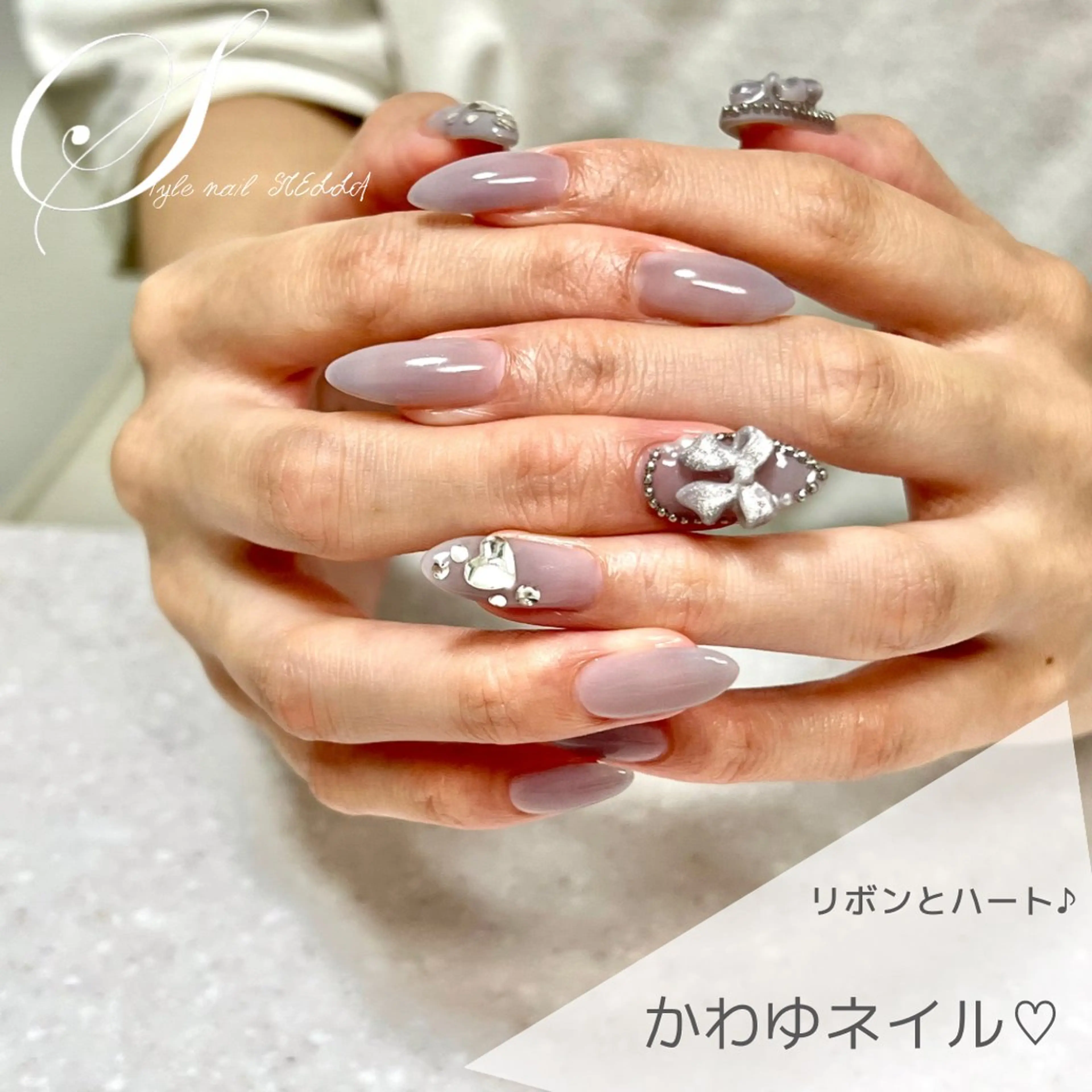 ネイル ハート リボン ハンドネイル ステラ marikominoのネイルデザイン