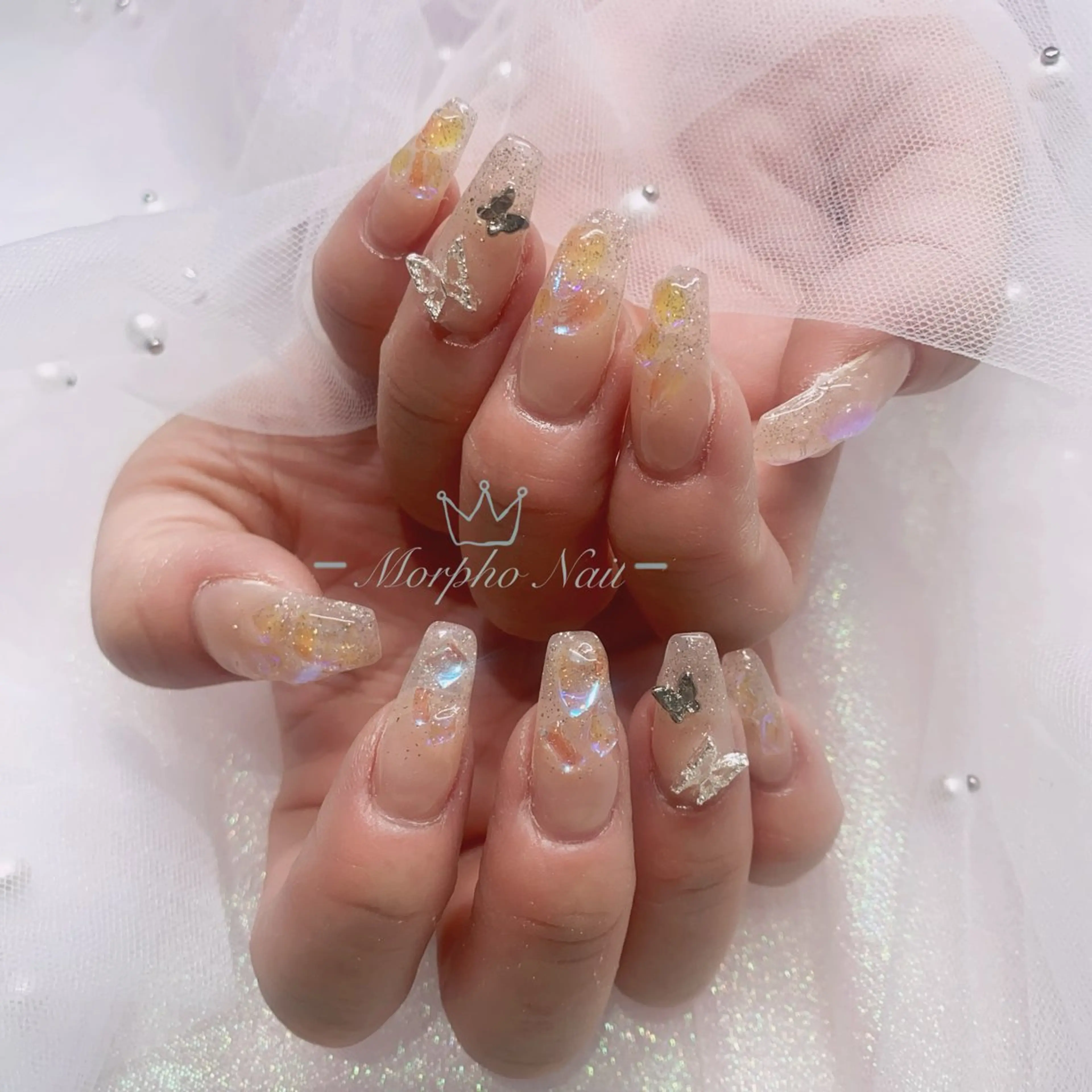 ネイル 長さ出し ジェルネイル キラキラネイル 大理石ネイル(マーブル) ニュアンスネイル Morpho nailのネイルデザイン