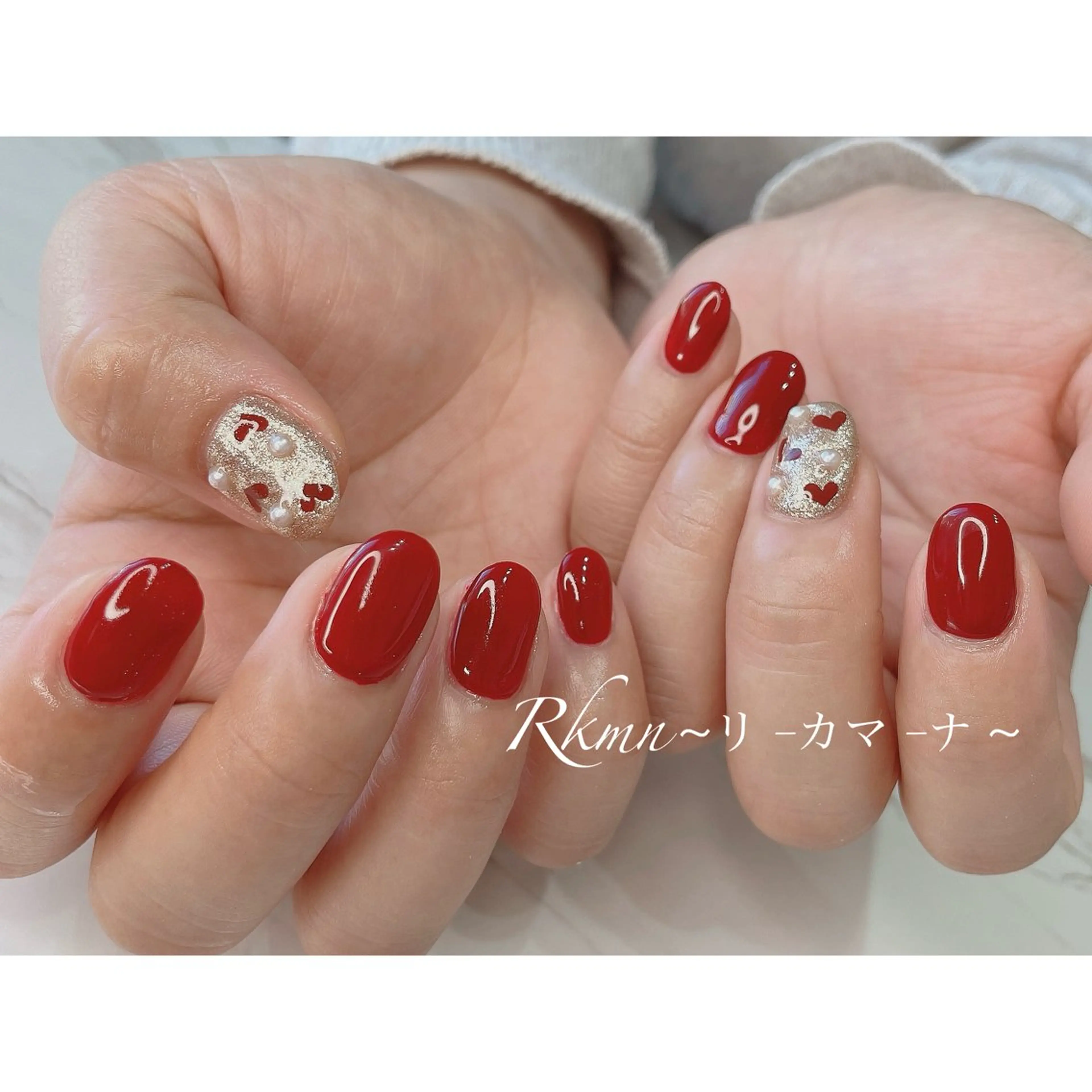 ネイル アートネイル ボルドー ハート 持ち込み 春ネイル ハンドネイル フットネイル ハンドケア Rkmn ~リ-カマ-ナ~のネイルデザイン