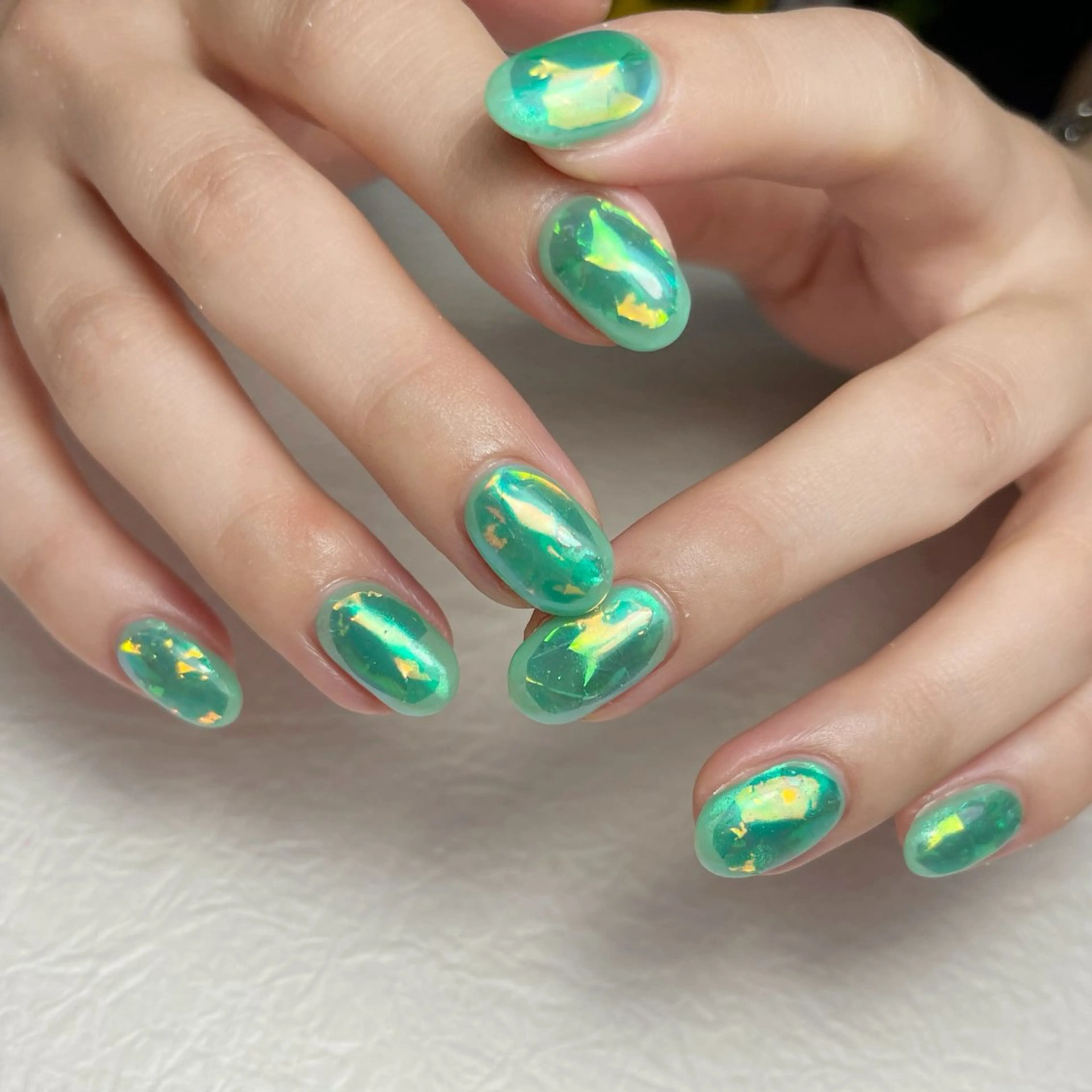 ネイル アートネイル オーロラネイル フットネイル ジェルネイル グリーン Y nail なんば堀江店のネイルデザイン