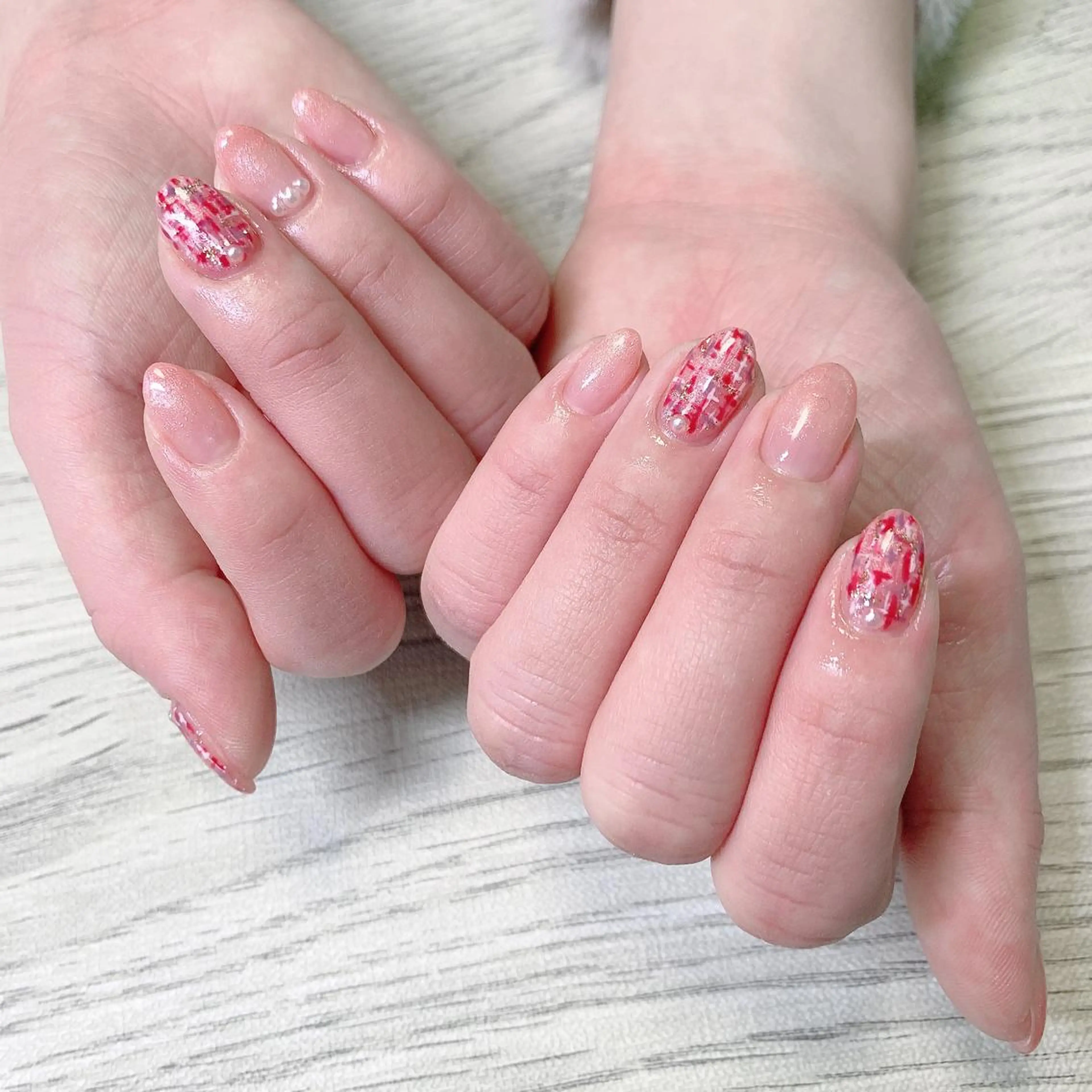 ネイル ピンク ピンクベージュ ツイードネイル ハンドネイル フットネイル Adite nailのネイルデザイン