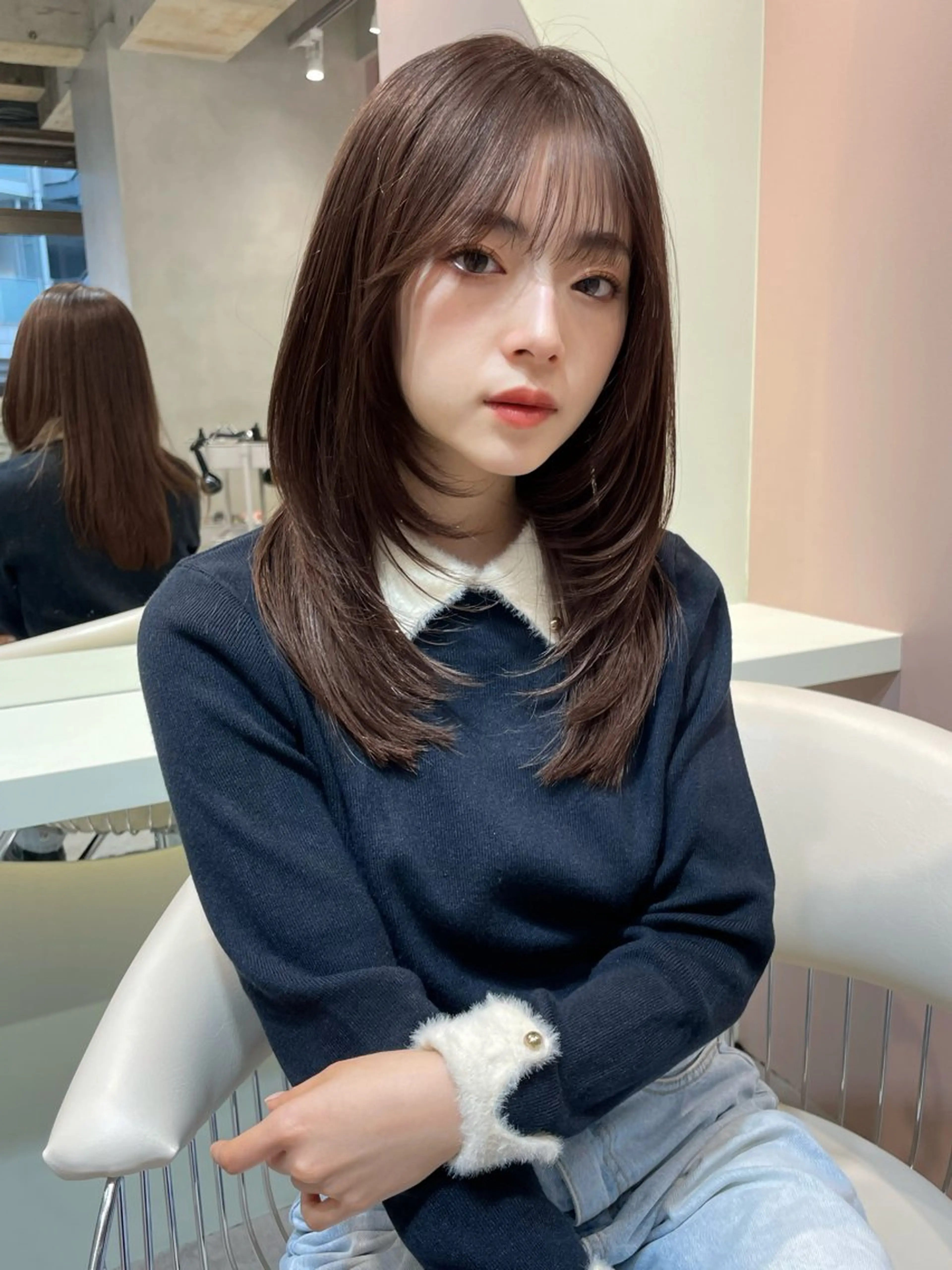ロング チョコレートブラウン ピンクブラウン くびれヘア ヨシンモリ 韓国風ヘア カット ヘアカラー ささき すずねのヘアスタイル
