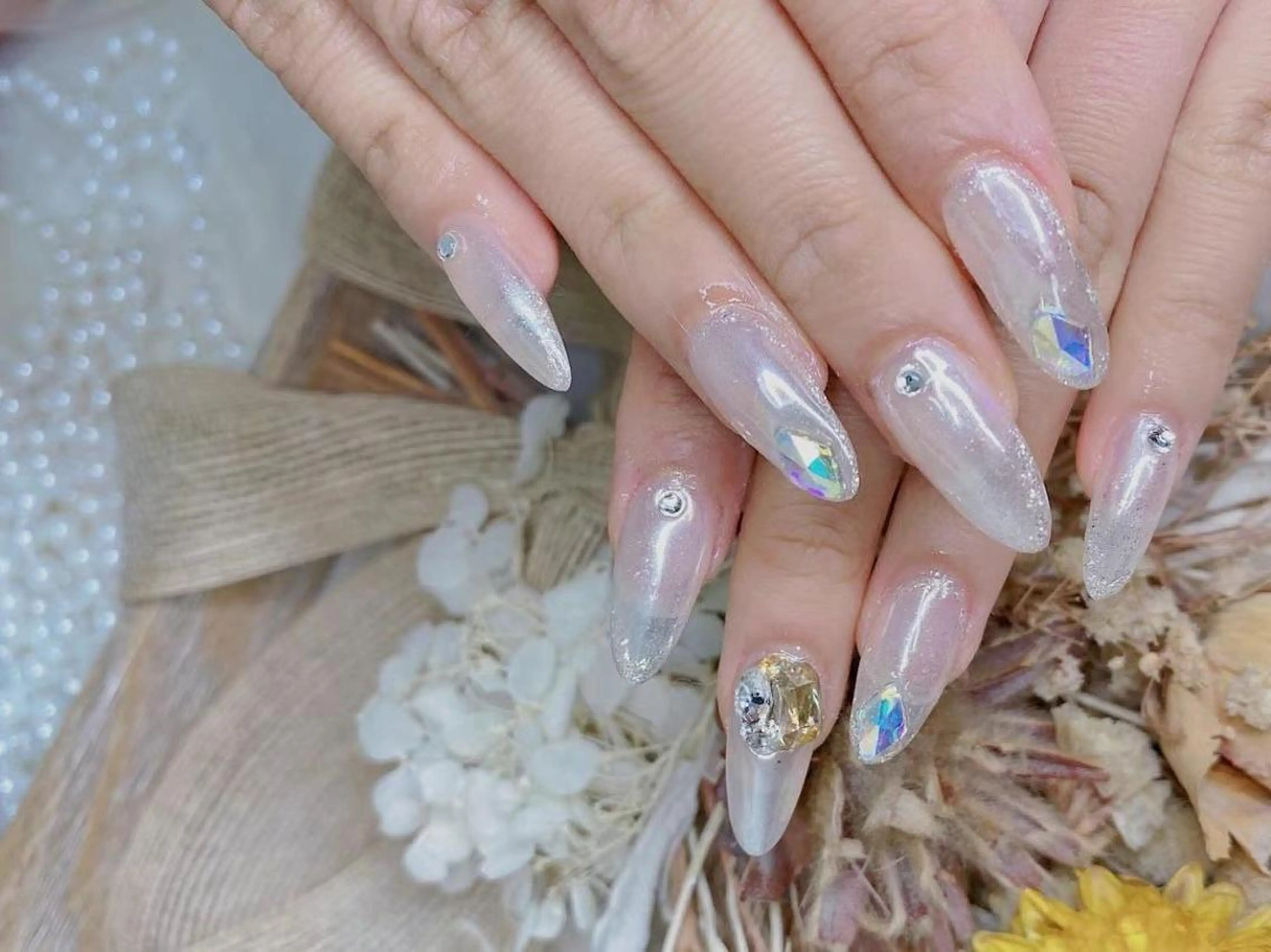 ネイル アートネイル レース ラメ(グリッター) ミラーネイル シルバー Babarla Nailのネイルデザイン