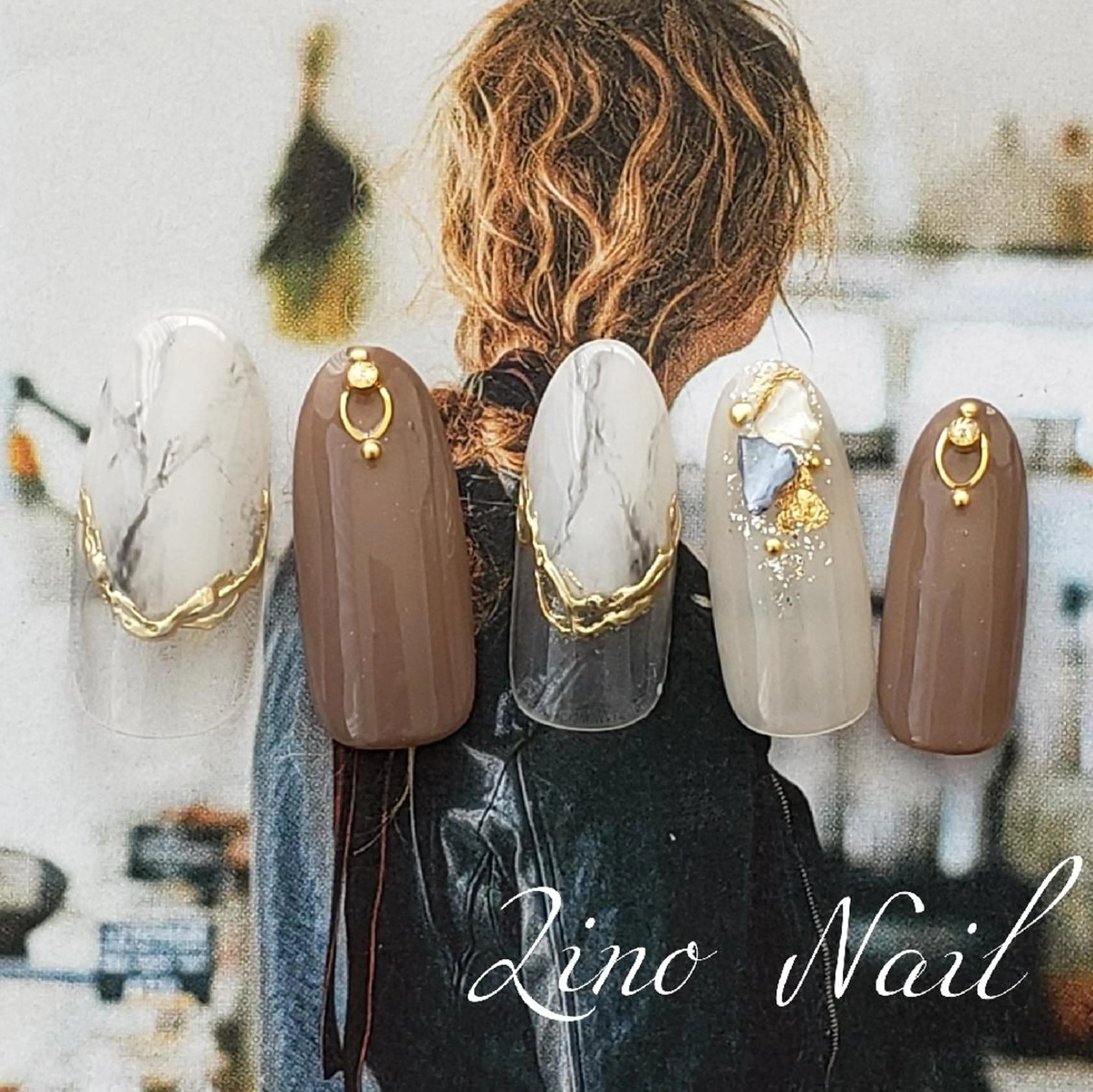 ネイル ブラウン カジュアル ジェルネイル 大理石ネイル(マーブル) ミラーネイル ハンドネイル Lino Nailのネイルデザイン