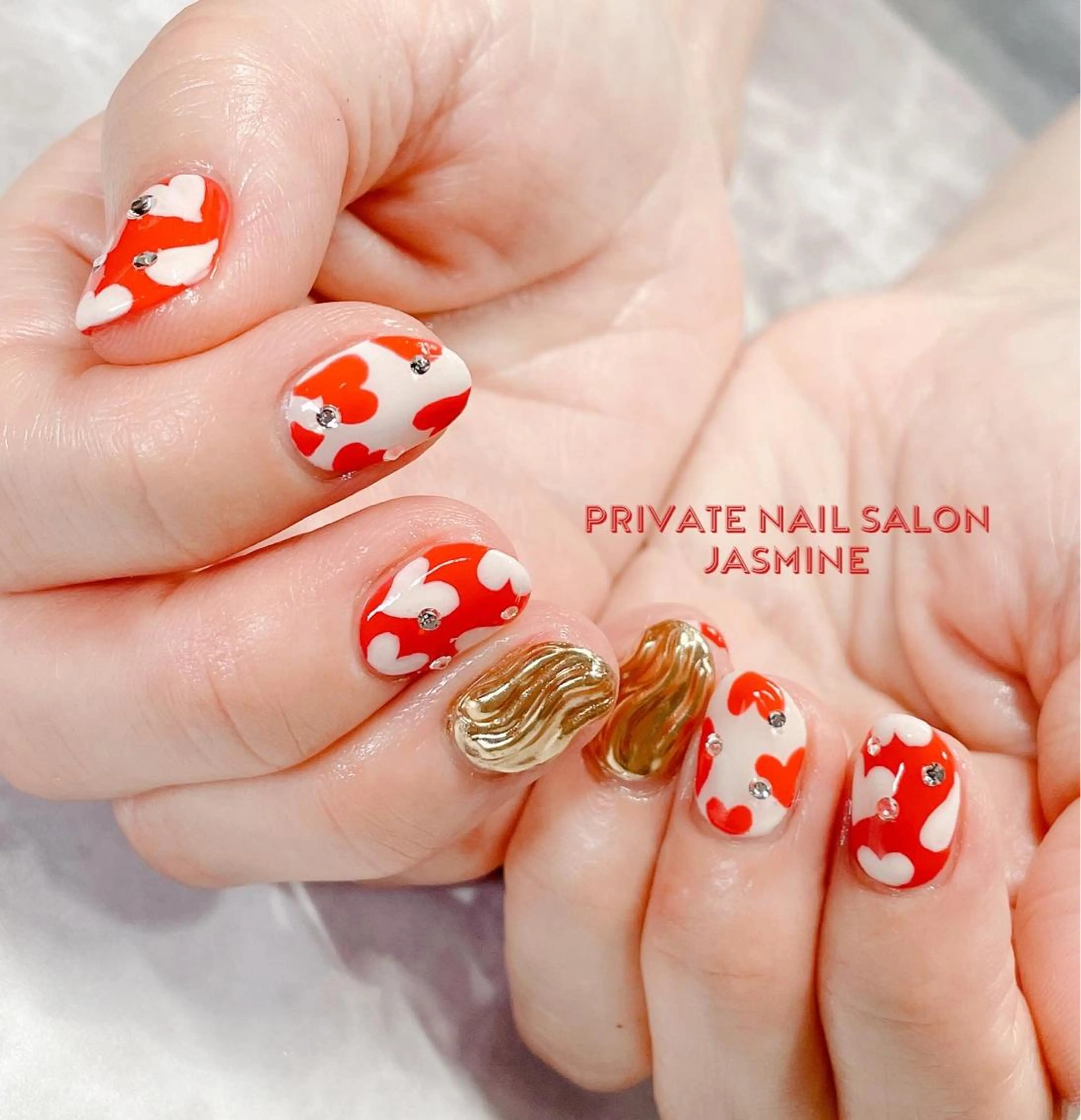 ネイル ハート 赤色 Nail salon JASMINEのネイルデザイン