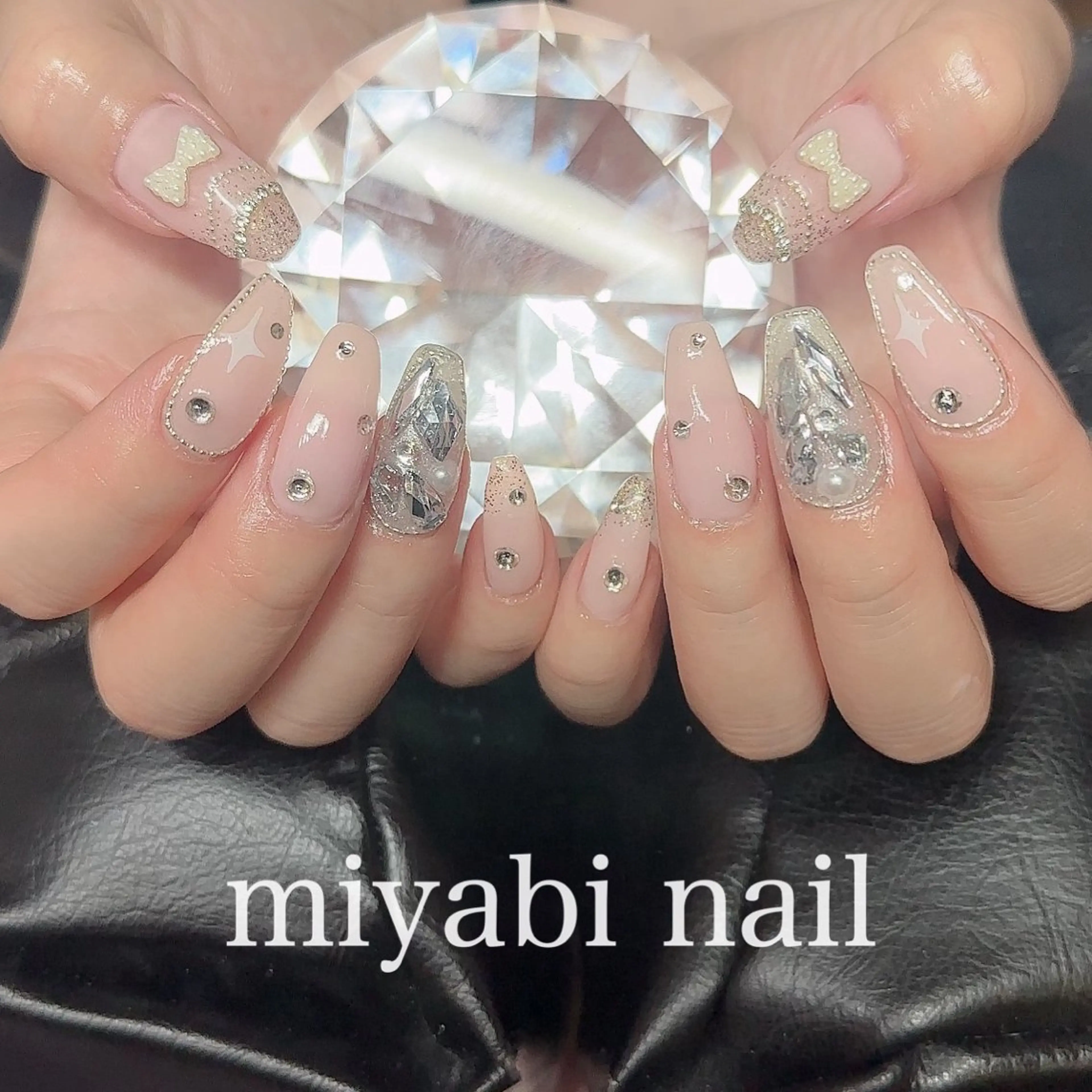 ネイル キラキラネイル 持ち込み ピンク リボン 春ネイル ハンドネイル miyabi nail 桂川駅近くのネイルデザイン