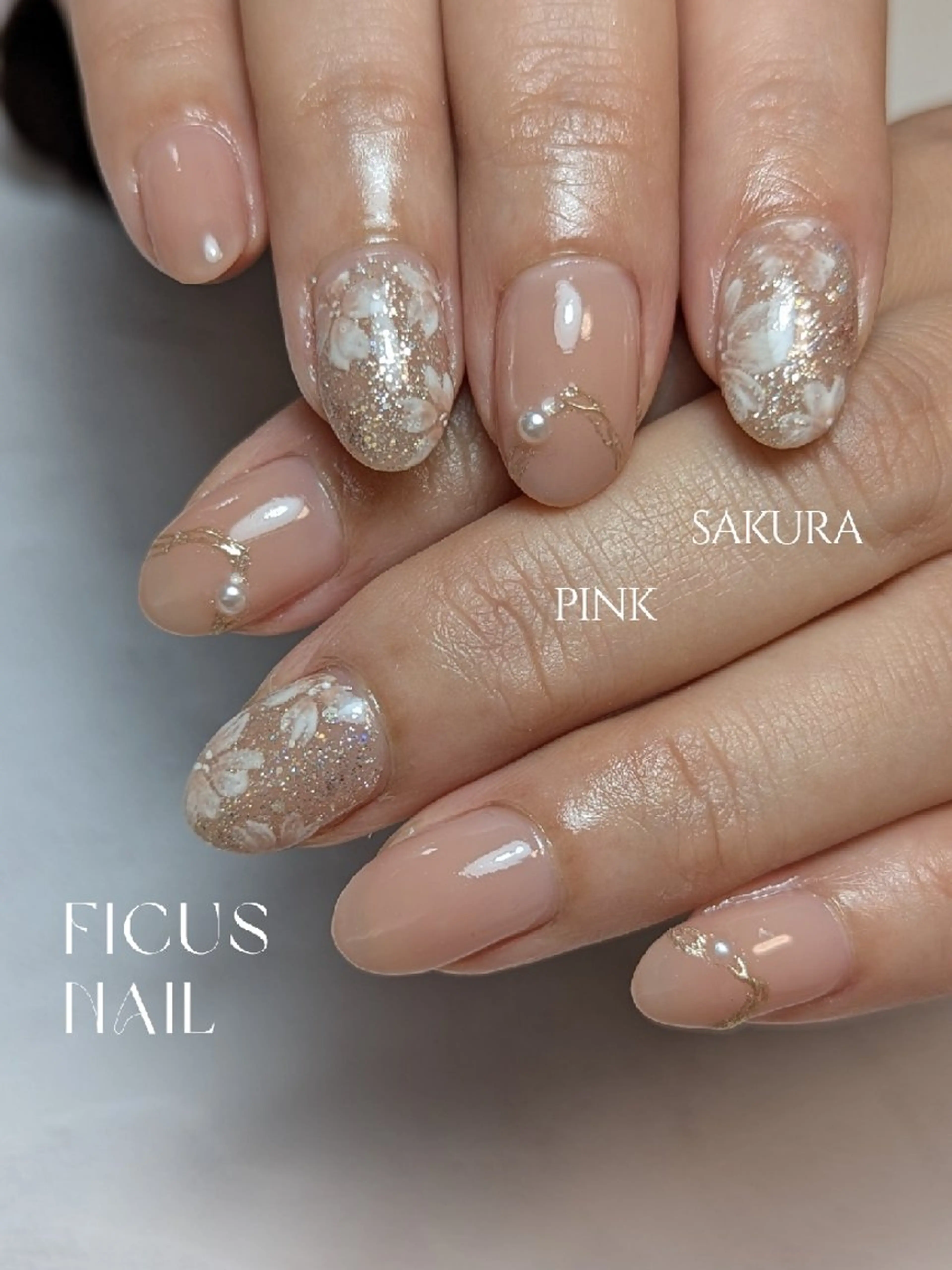 ネイル 桜ネイル フラッシュネイル オフィスネイル ピンク ピンクベージュ ハンドネイル ficus nailのネイルデザイン