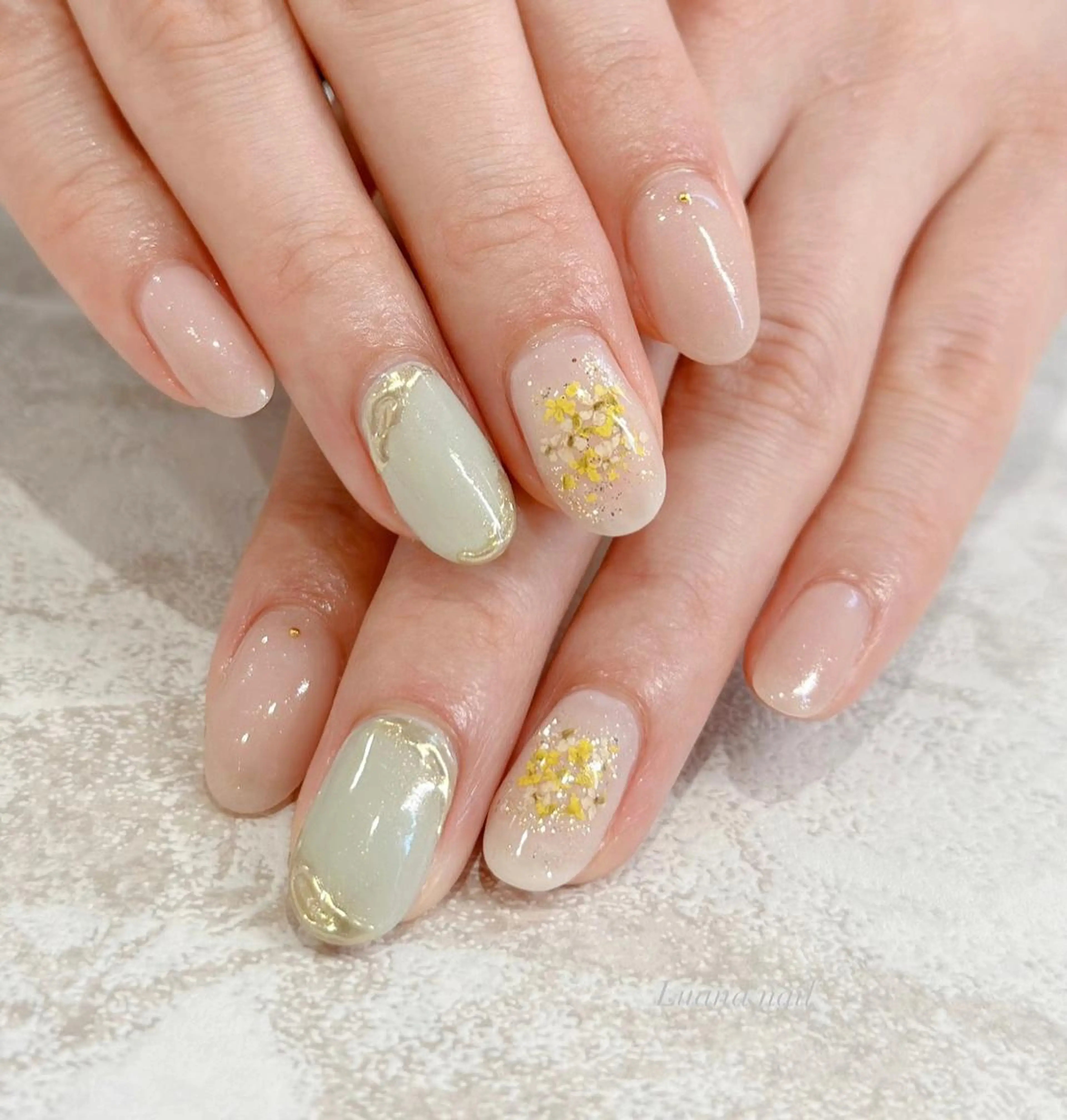 セミロング ネイル 入学式 入学式 フラワーネイル ジェルネイル ミラーネイル Luana nail (ルアナネイル)のネイルデザイン