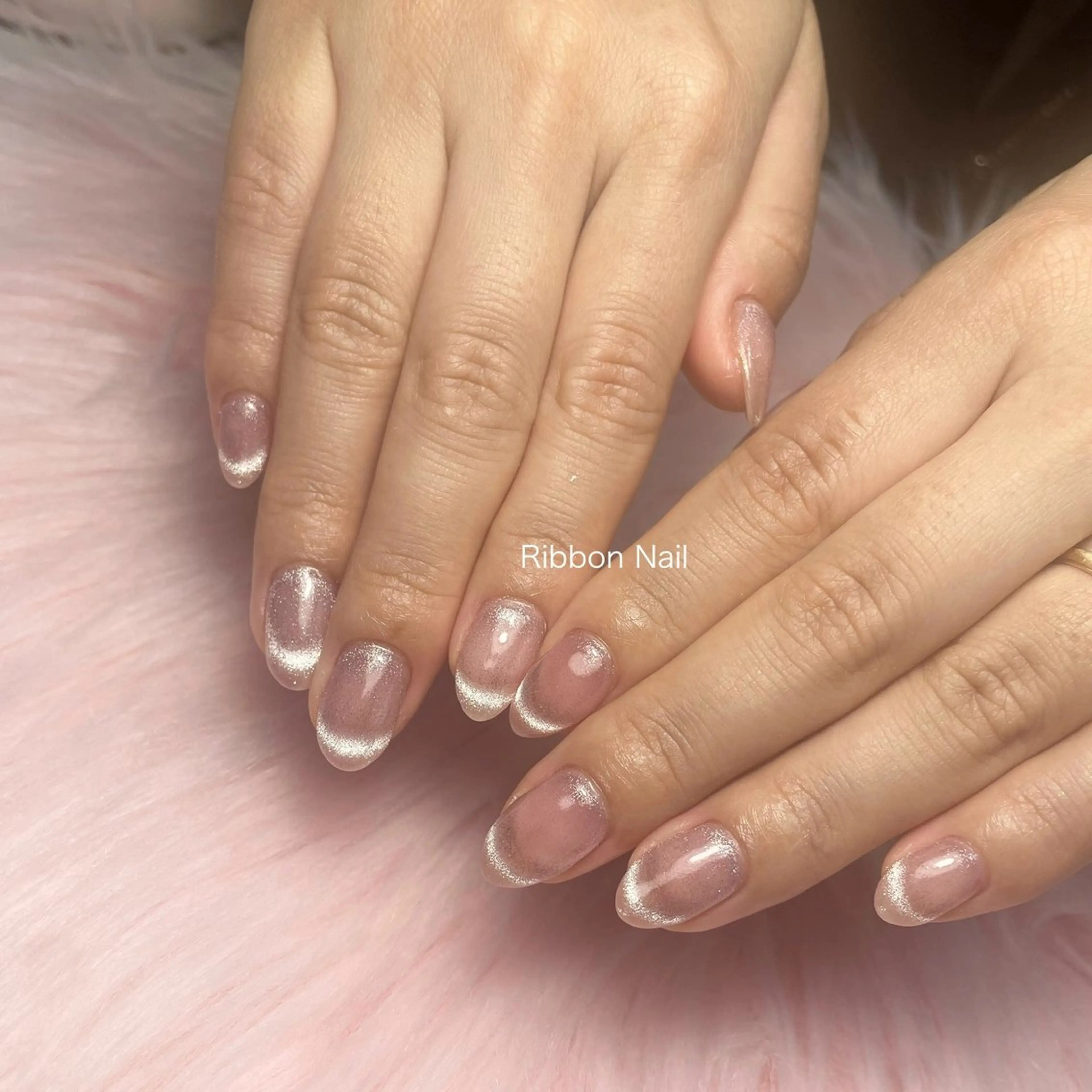 ネイル フレンチネイル マグネットネイル マグネットフレンチ ピンク ハンドネイル Ribbon nailのネイルデザイン