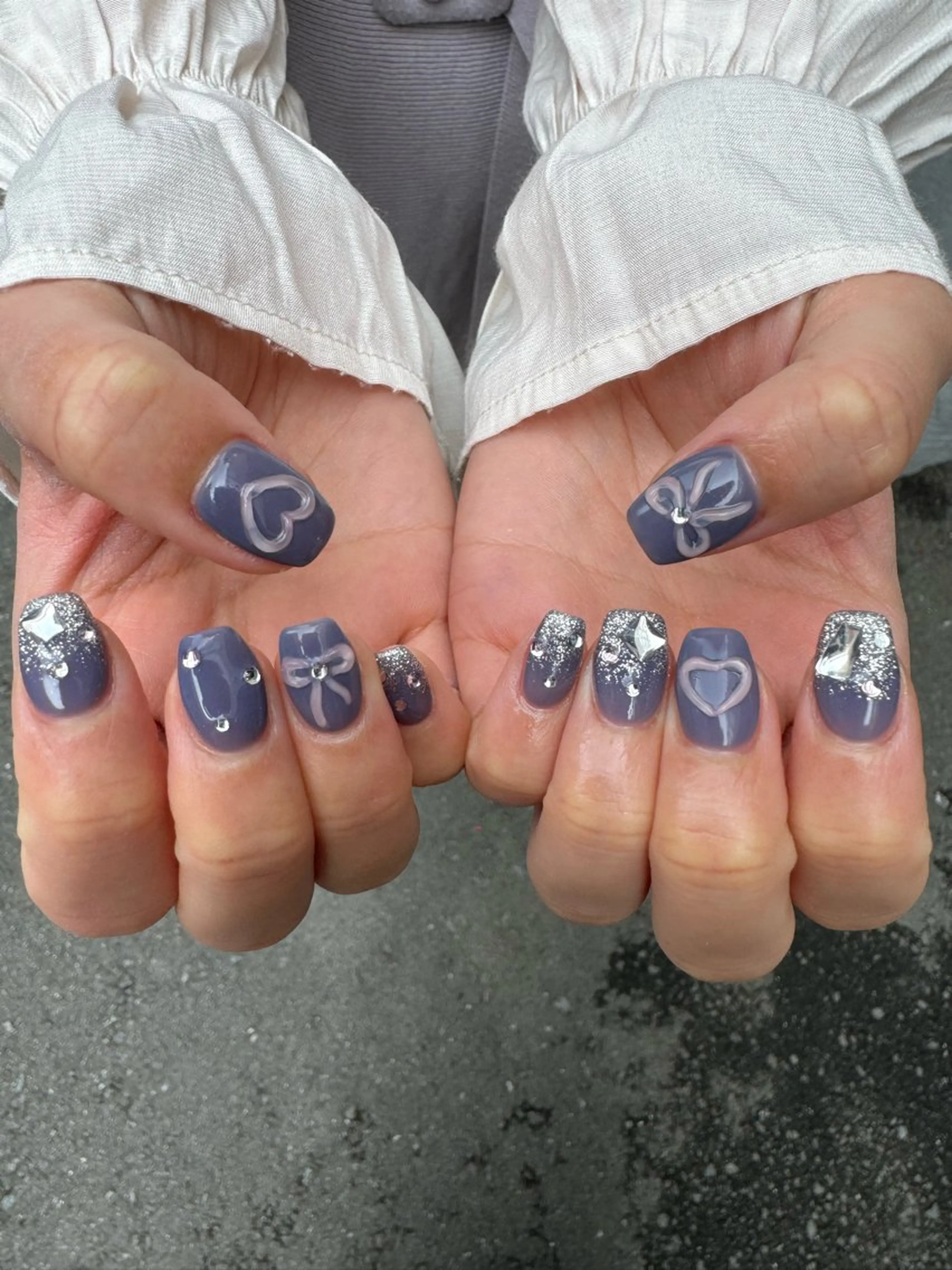 ネイル フレンチネイル ハート ロングネイル マグネットネイル ミラーネイル MH_ Nailのネイルデザイン