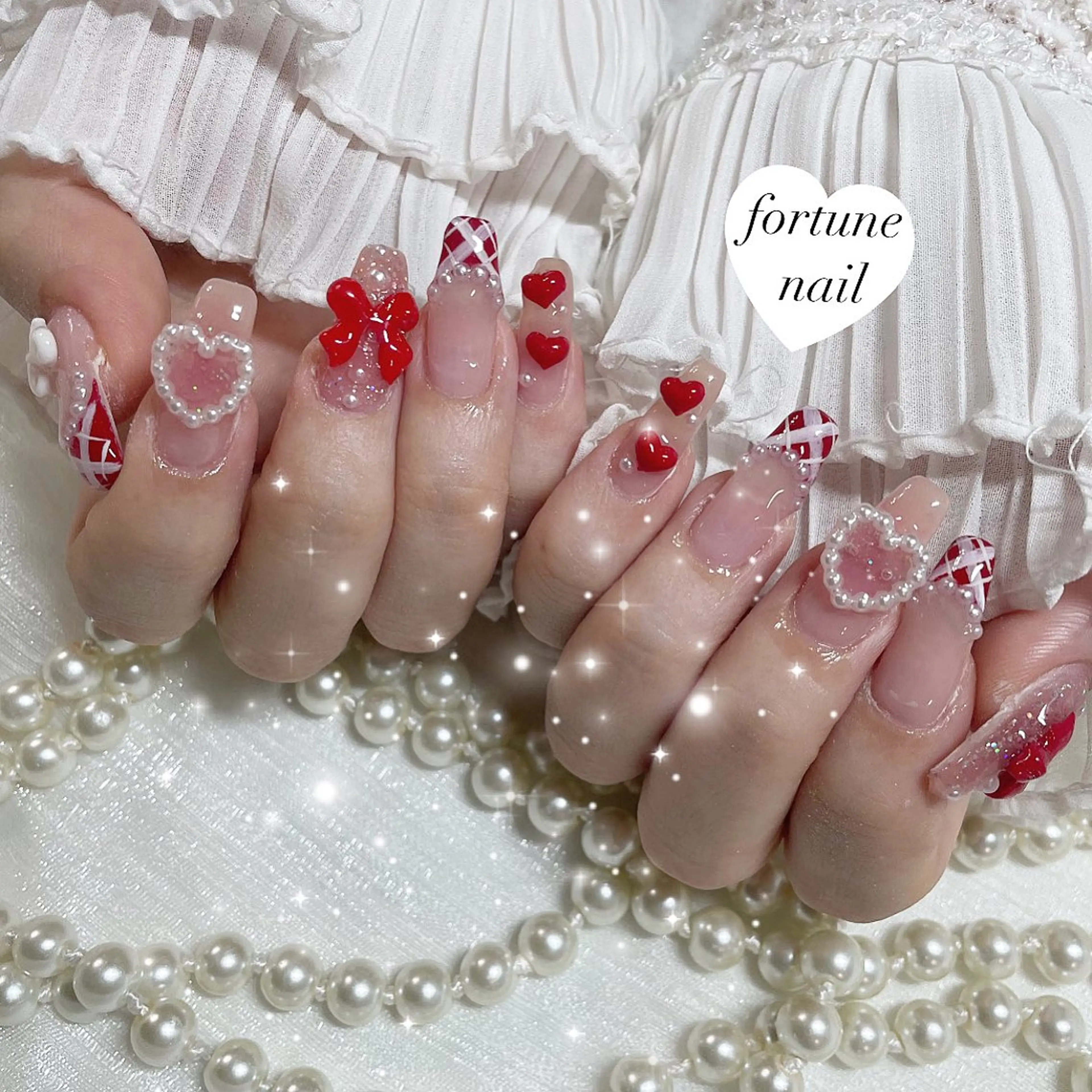 ネイル フレンチネイル ハート 赤色 💎saori 💎のネイルデザイン