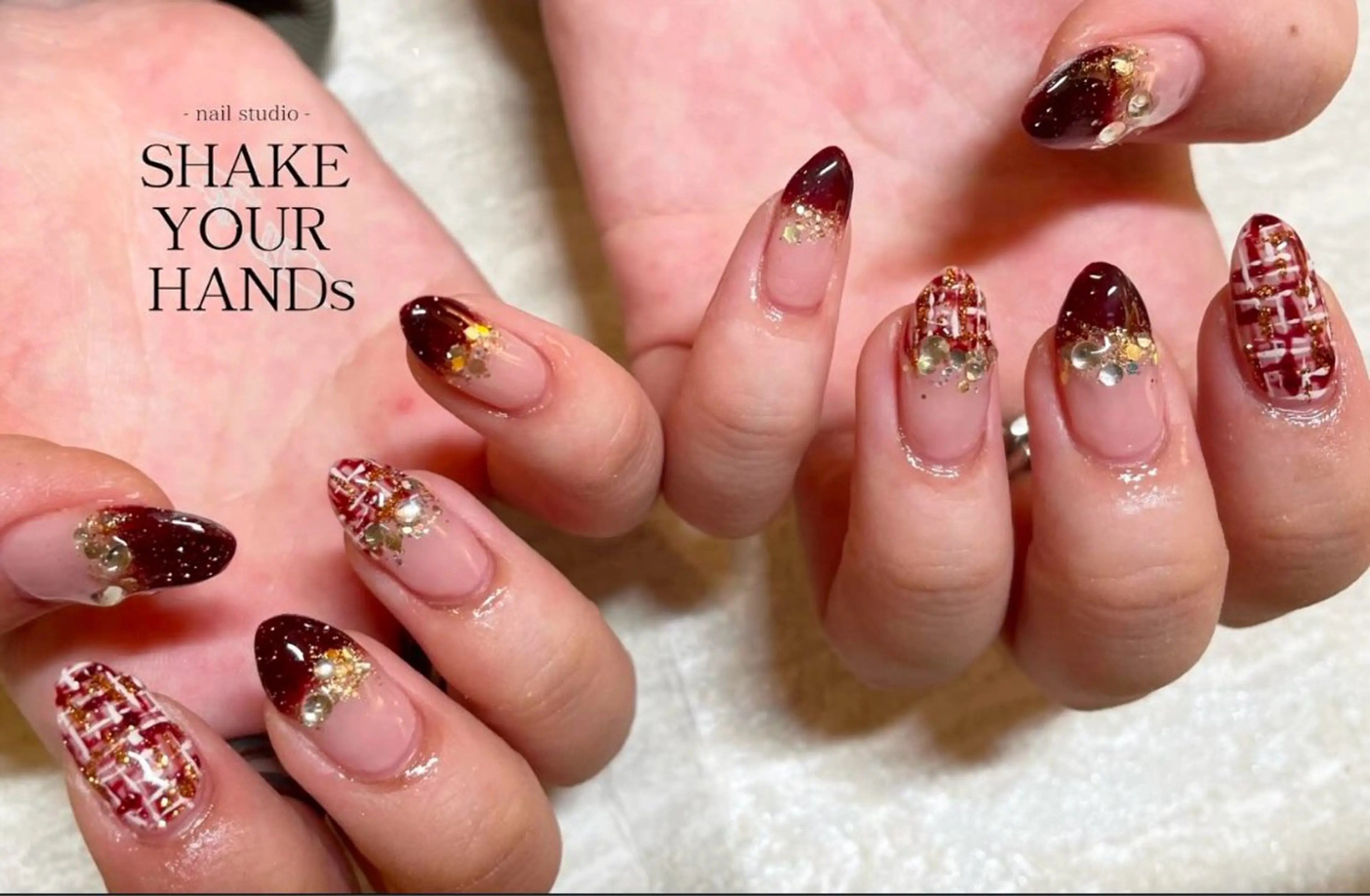 ネイル ボルドー ツイードネイル ハンドネイル ネイルスタジオ シェイクユアハンズのネイルデザイン