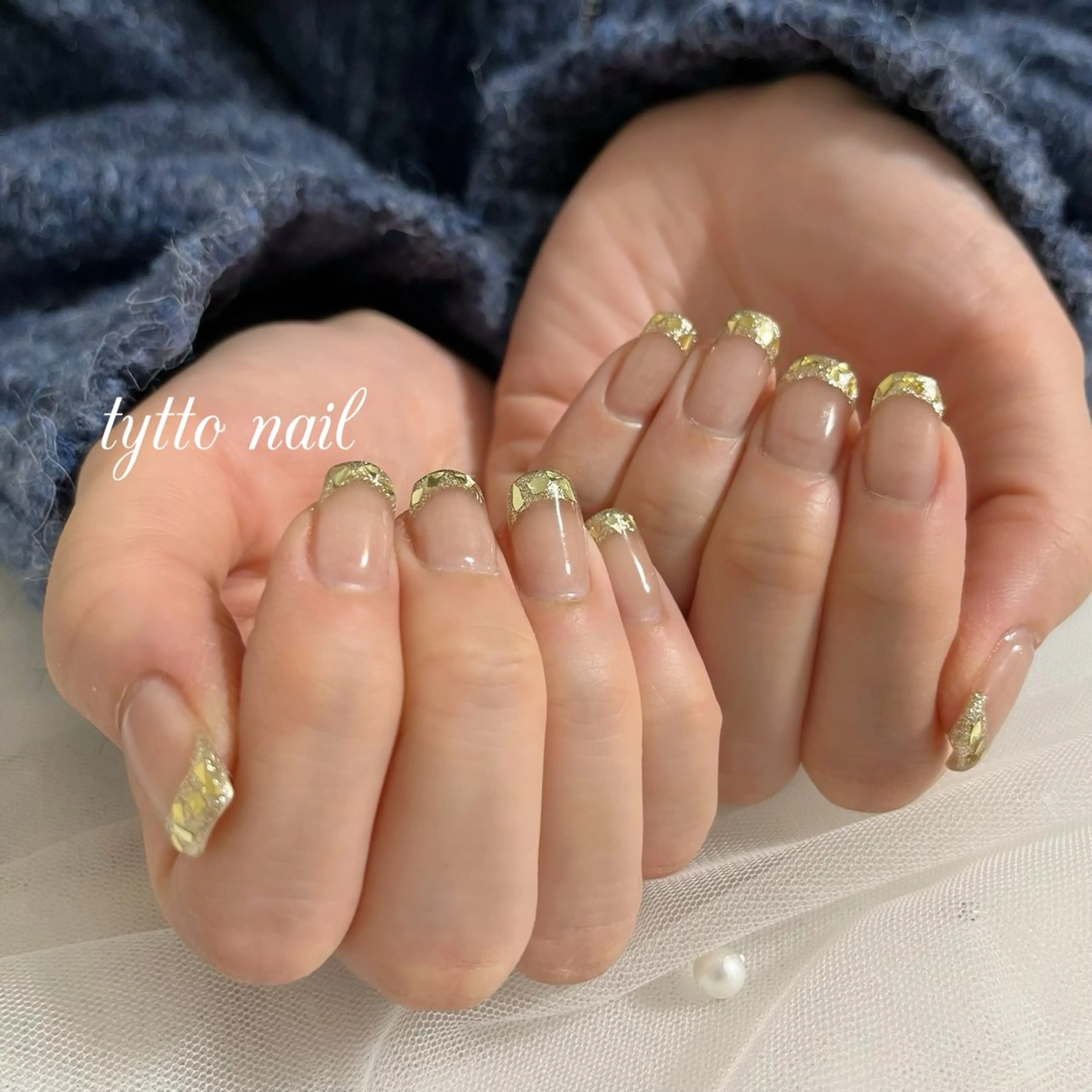 ネイル フレンチネイル ガラスフレンチ ゴールド キラキラネイル ラメ(グリッター) ハンドネイル tytto nail ❤︎‪‪eri‪‪のネイルデザイン