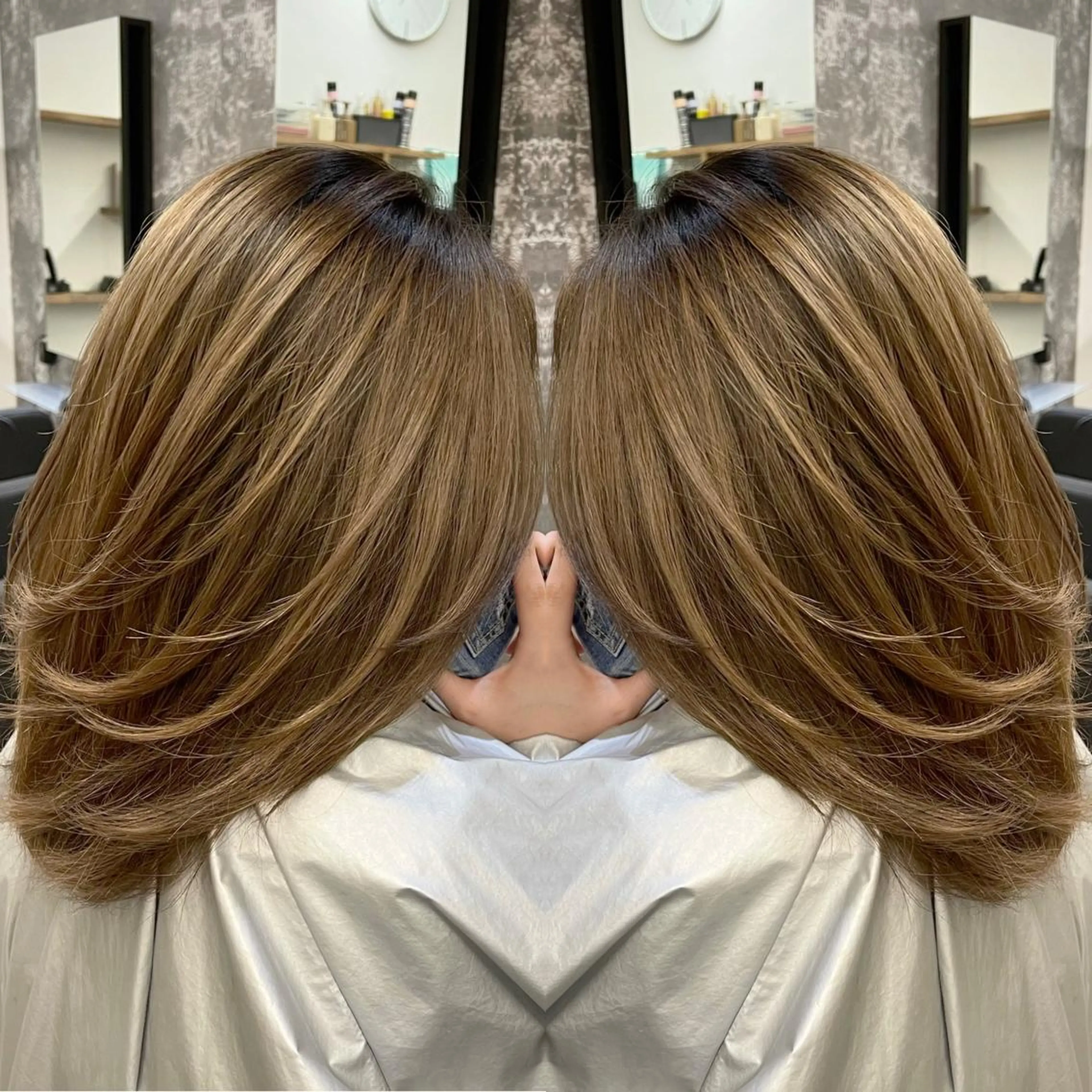 ミディアム カラー ヘアアレンジ バレイヤージュ デザインカラー ハイライトカラー 外国人風カラー ハイライト アンドウ ユウ/ レイヤーカット/韓国のヘアスタイル