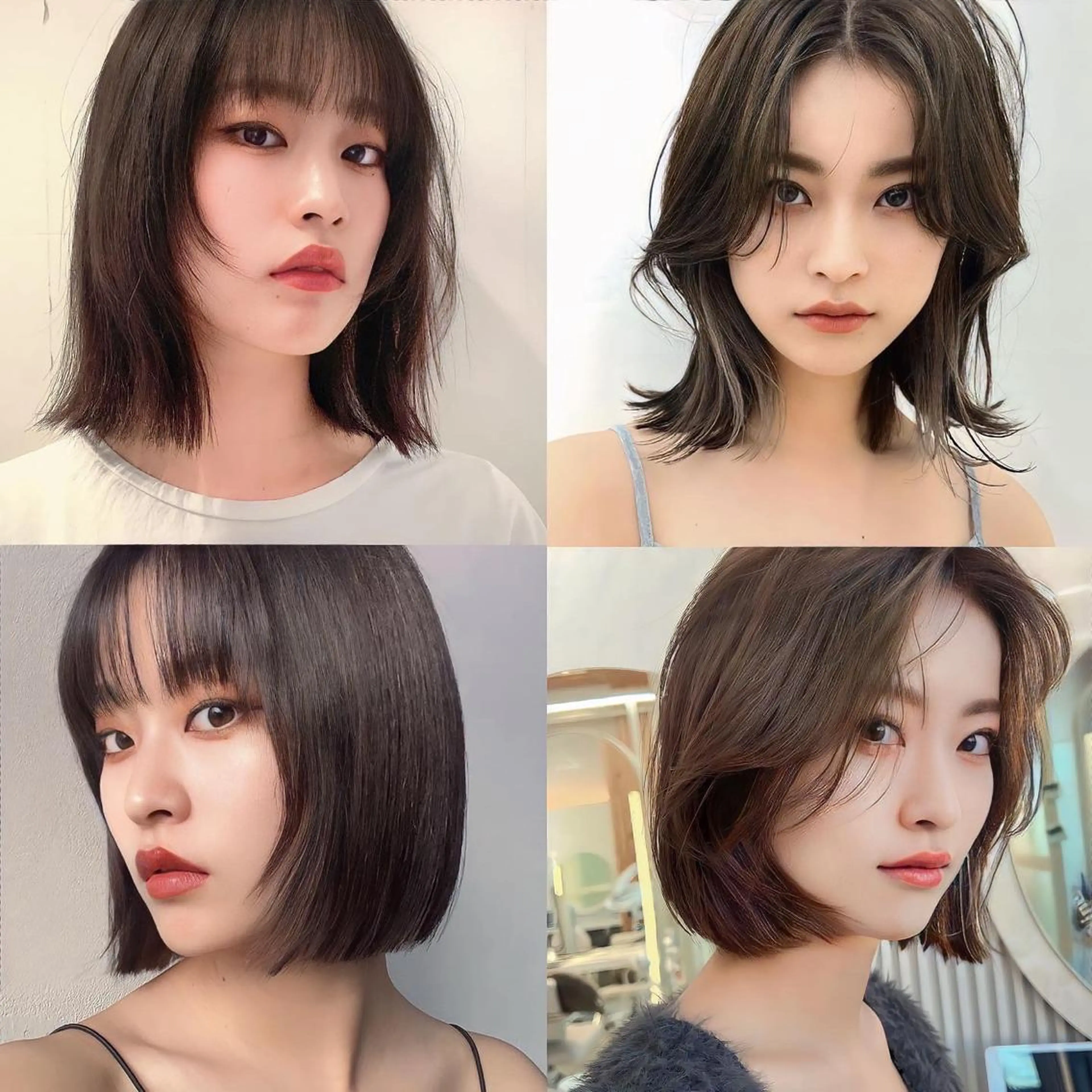 ミディアム カラー ミストバング グレージュ ボブ くびれヘア 斜めバング カット ヘアカラー トリートメント ニュアンスレイヤー ハイトーンカラーのヘアスタイル
