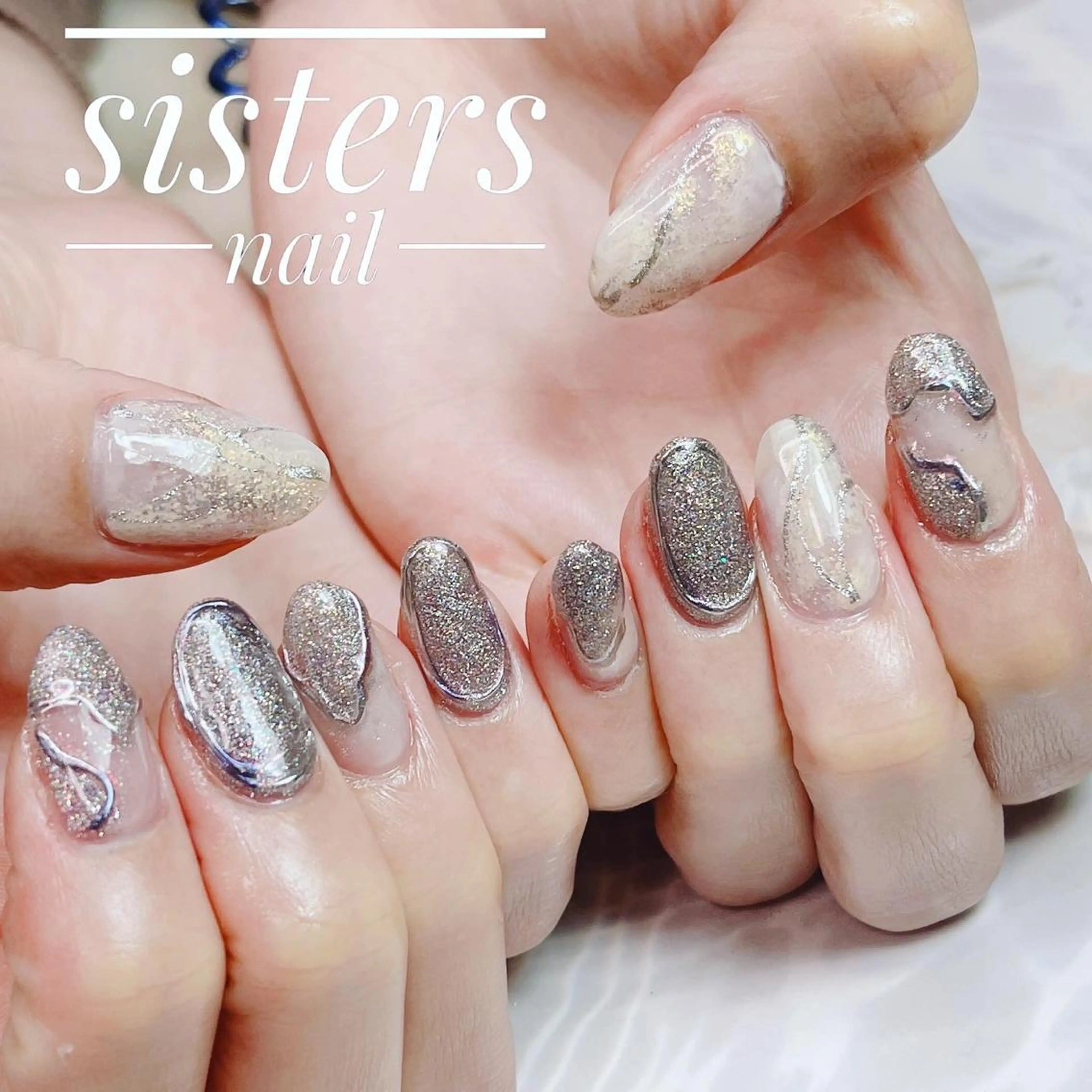 ネイル アートネイル オーロラネイル キラキラネイル ラメ(グリッター) ミラーネイル ハンドネイル ハンドケア sisters nail.fのネイルデザイン