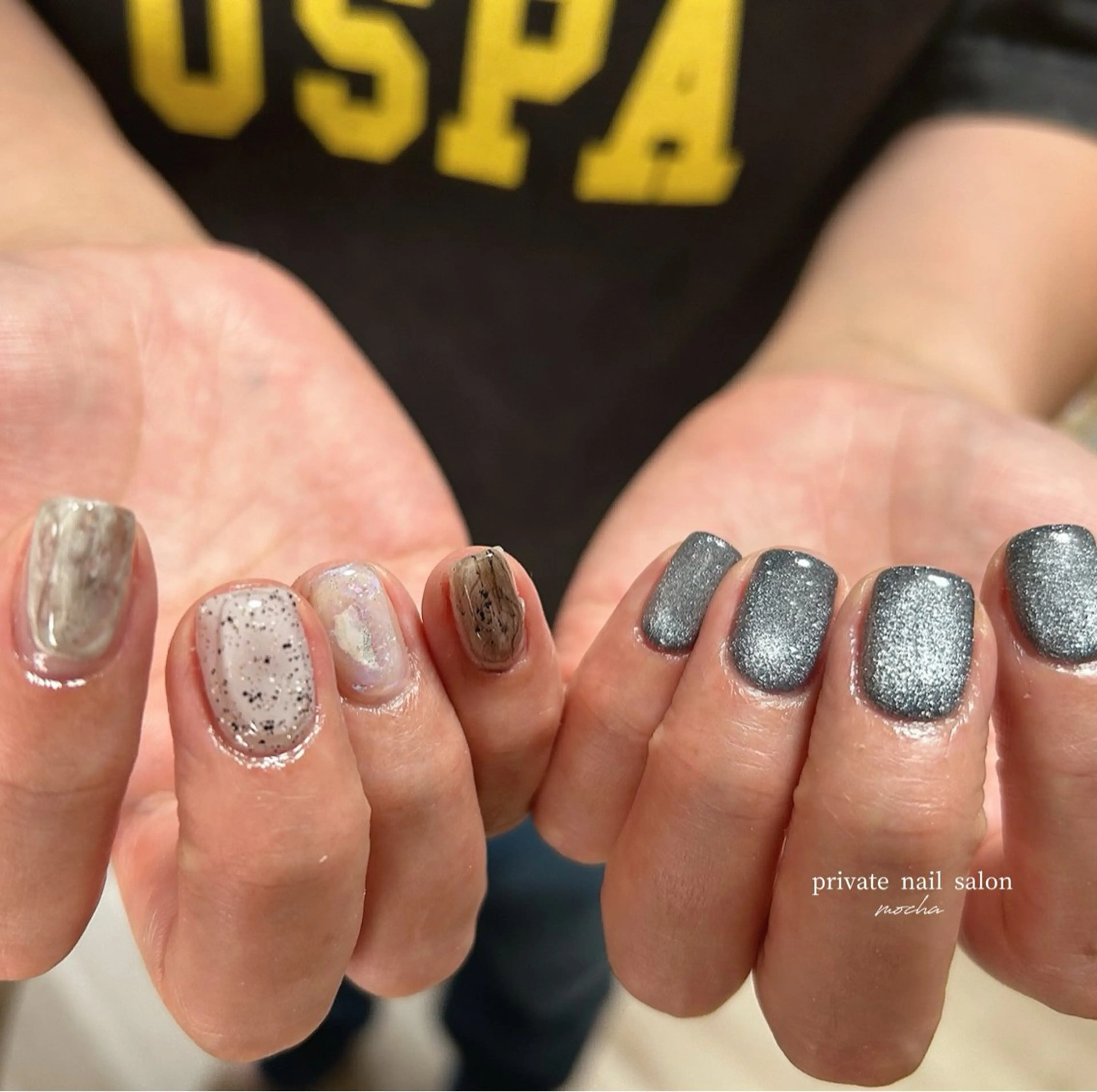 ネイル カジュアル フレンチネイル マグネットネイル ミラーネイル ニュアンスネイル ハンドネイル mocha nailのネイルデザイン