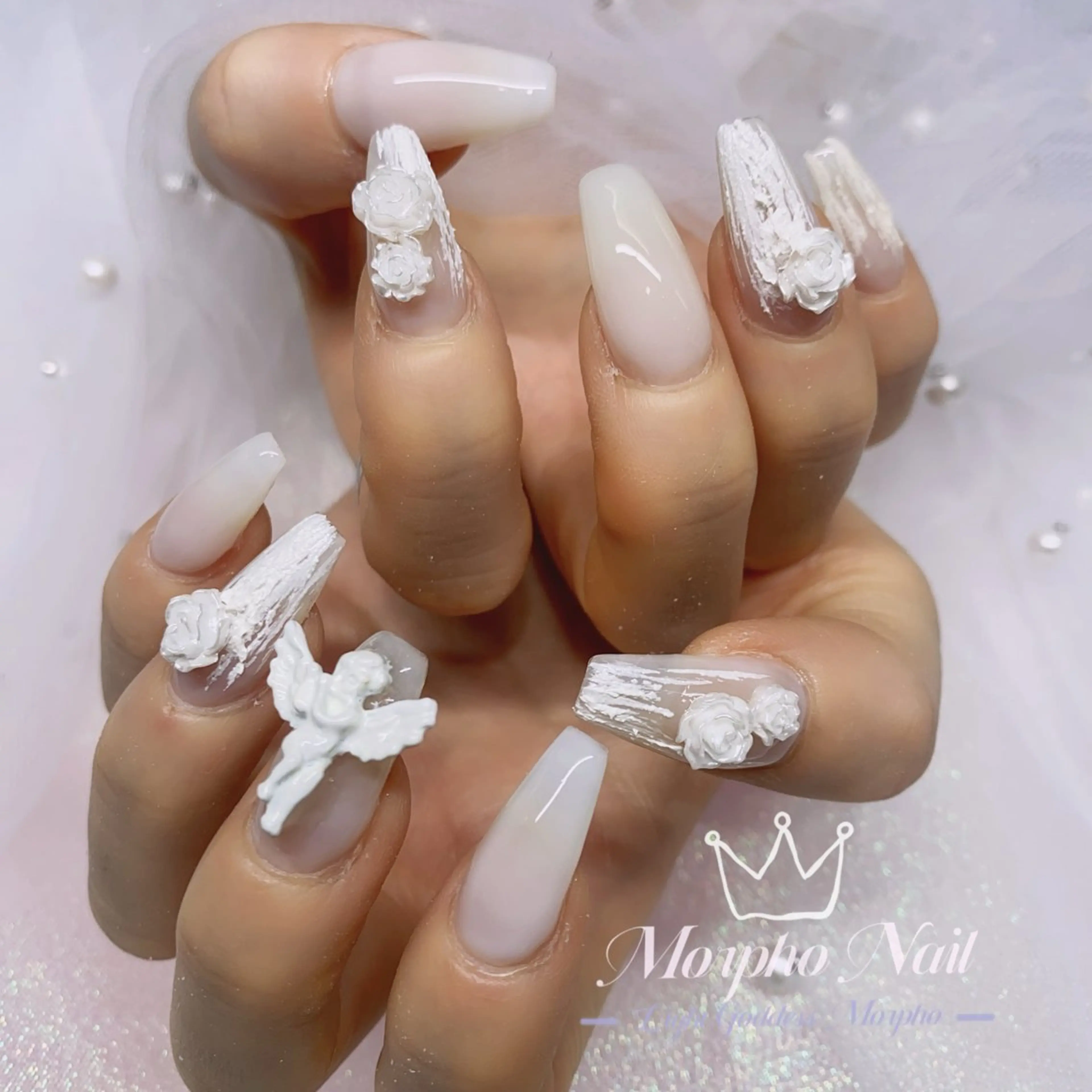 ネイル 長さ出し ジェルネイル キラキラネイル 大理石ネイル(マーブル) ニュアンスネイル Morpho nailのネイルデザイン