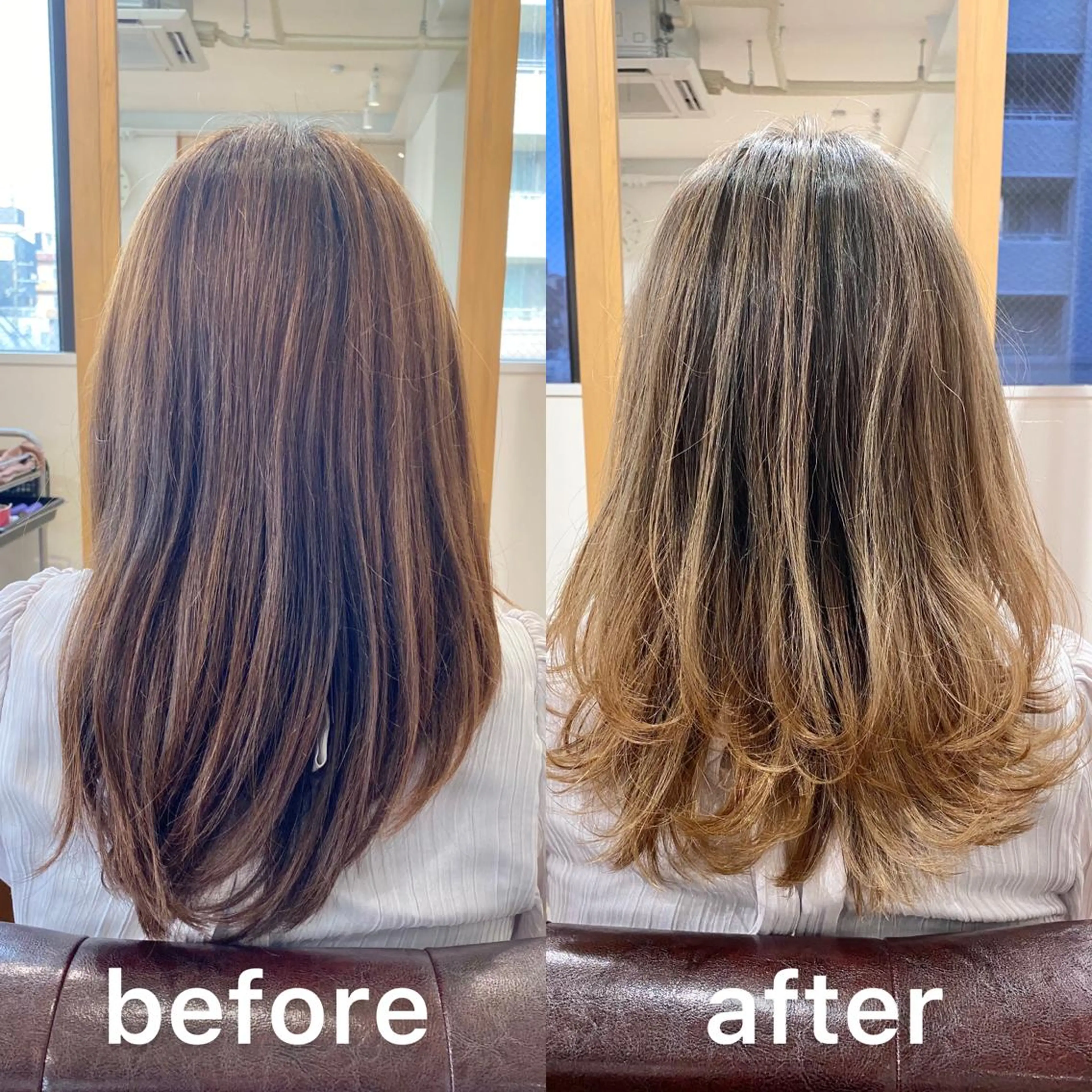 ミディアム カラー バレイヤージュ ベージュカラー ブリーチ ミルクティーベージュ かきあげバング KIZU 髪質改善 オカルト怪談のヘアスタイル