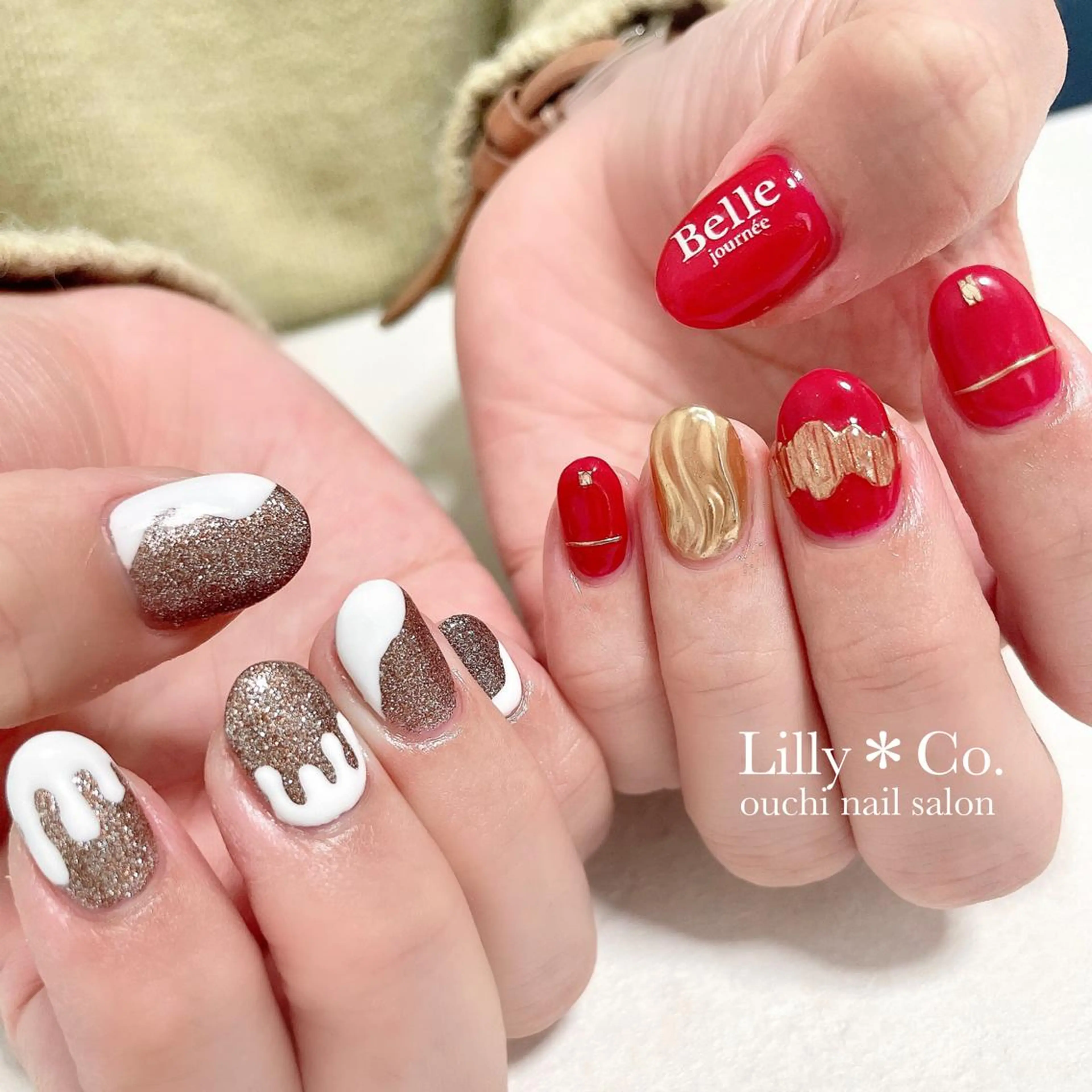 ネイル キラキラネイル 赤色 ハンドネイル ハンドケア Lilly Co.のネイルデザイン