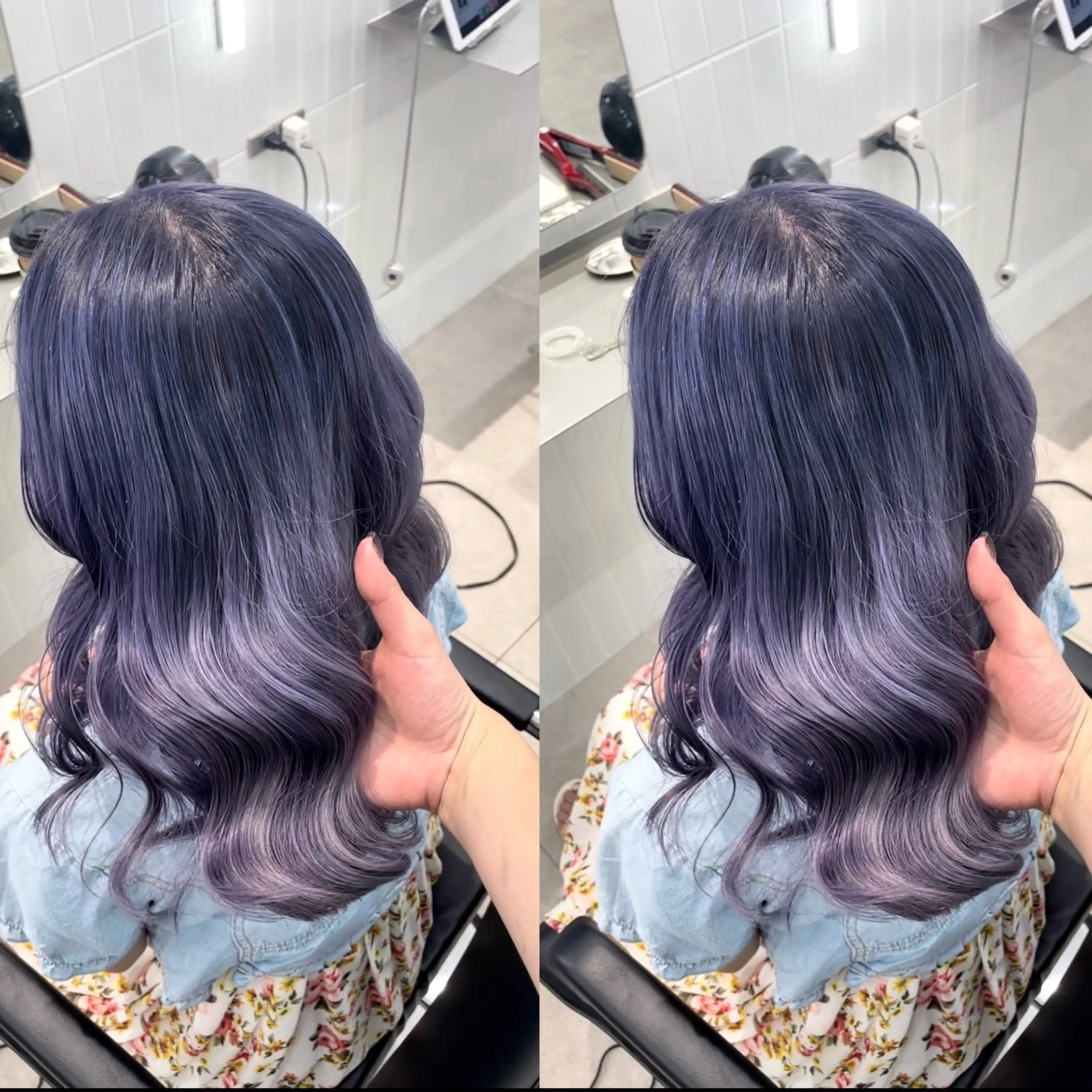 ロング カラー ベージュカラー 黒髪 ブルーカラー ブルーブラック グレージュ 🌊海外ハイライト リタッチ/グレー系のヘアスタイル