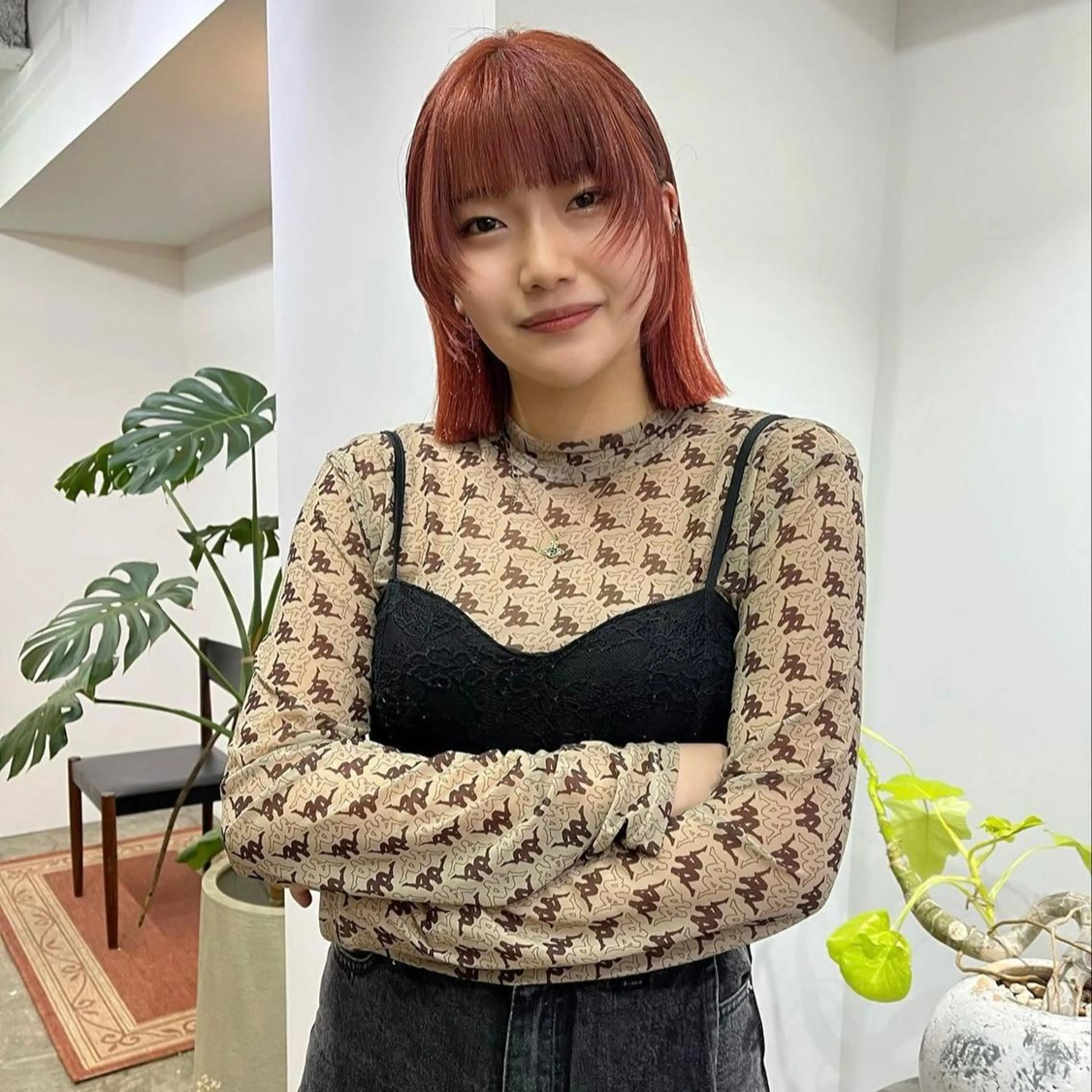 ミディアム カラー ベージュカラー オレンジ レッドカラー ハイトーン/心斎橋/ honomiのヘアスタイル