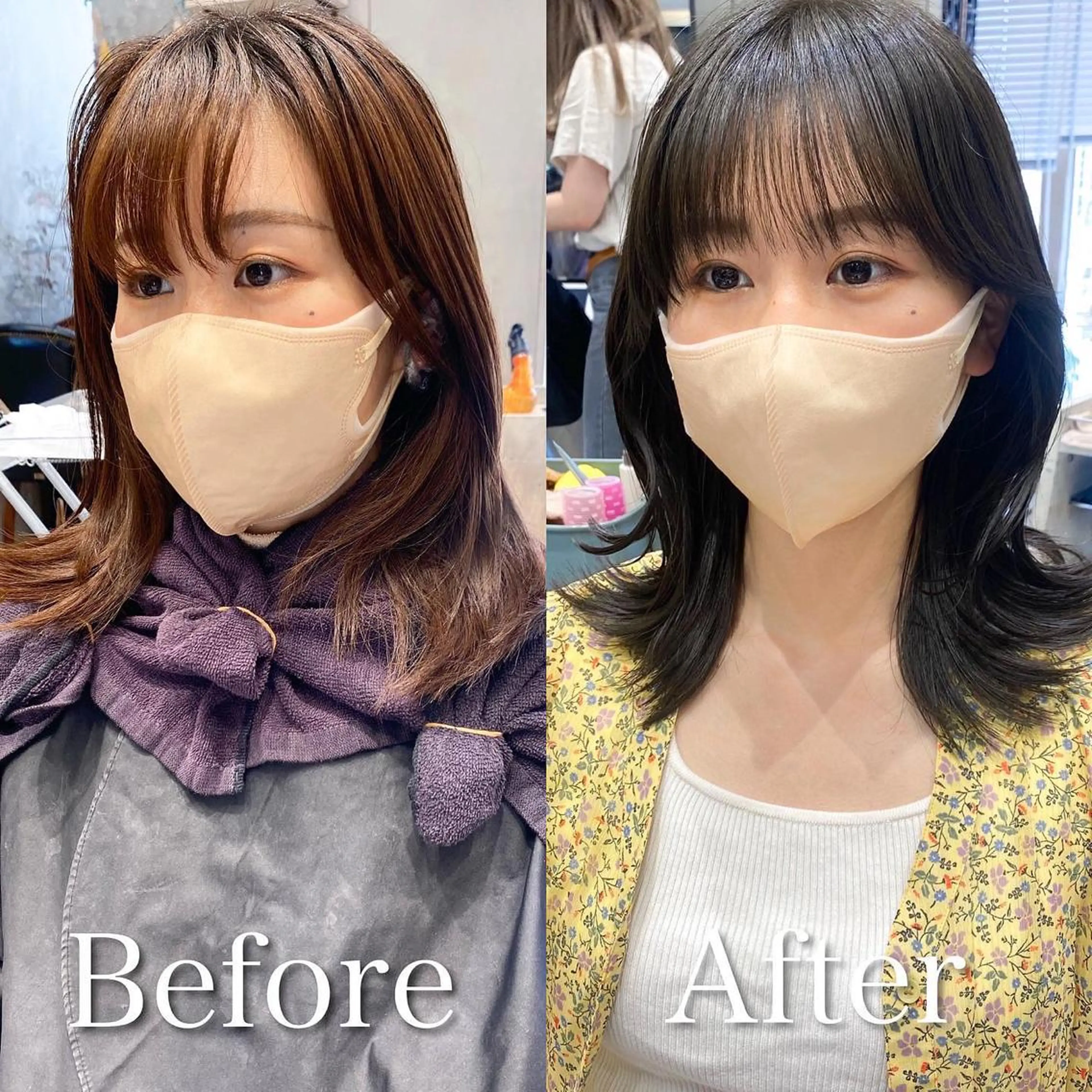 ミディアム カラー ベージュカラー ブラウンカラー ブラウンベージュ くびれヘア 顔周りカット カット ヘアカラー トリートメント 顔周り/くびれヘア 韓国ヘア💕風間るなのヘアスタイル