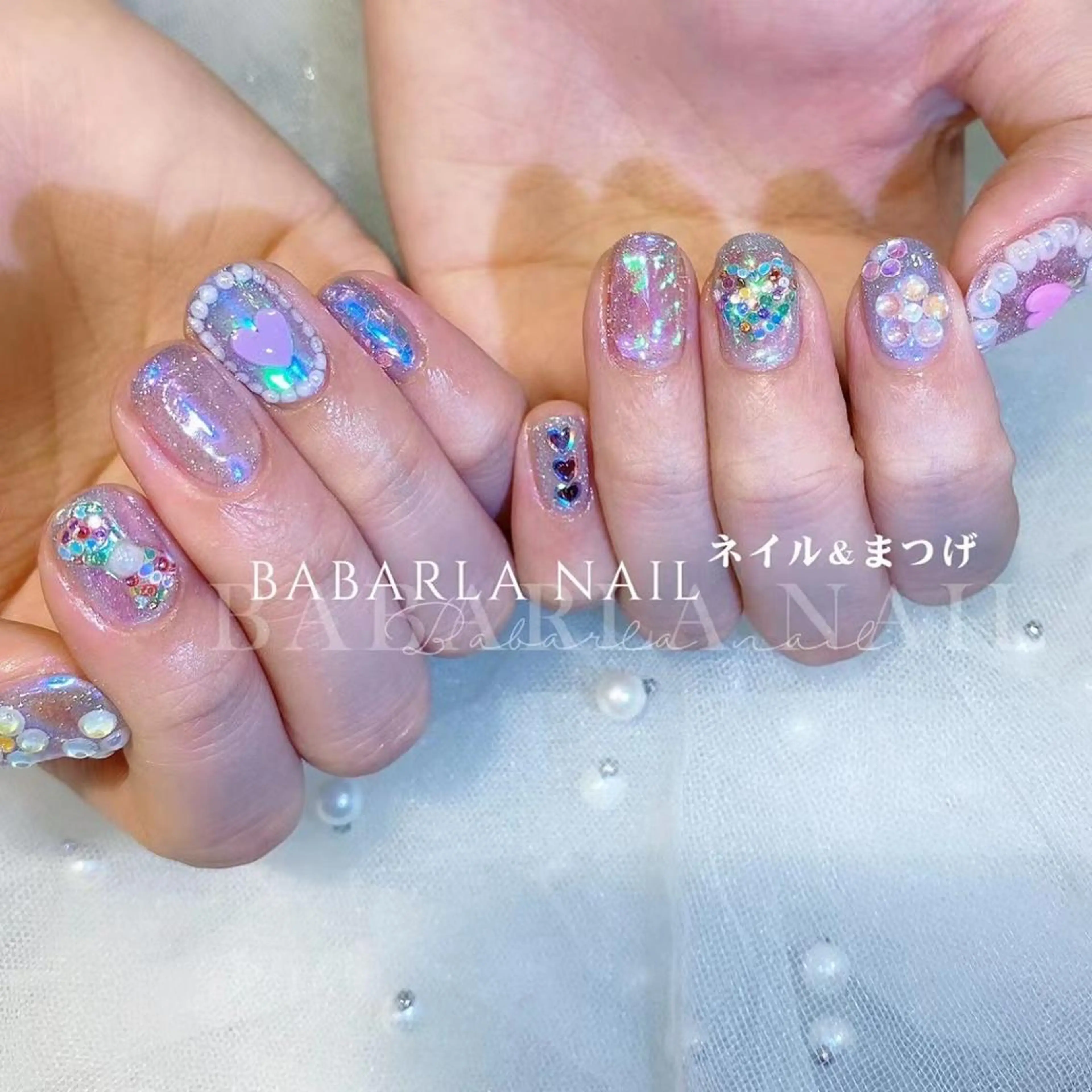 ネイル オーロラネイル ハート ピンク リボン Babarla Nailのネイルデザイン