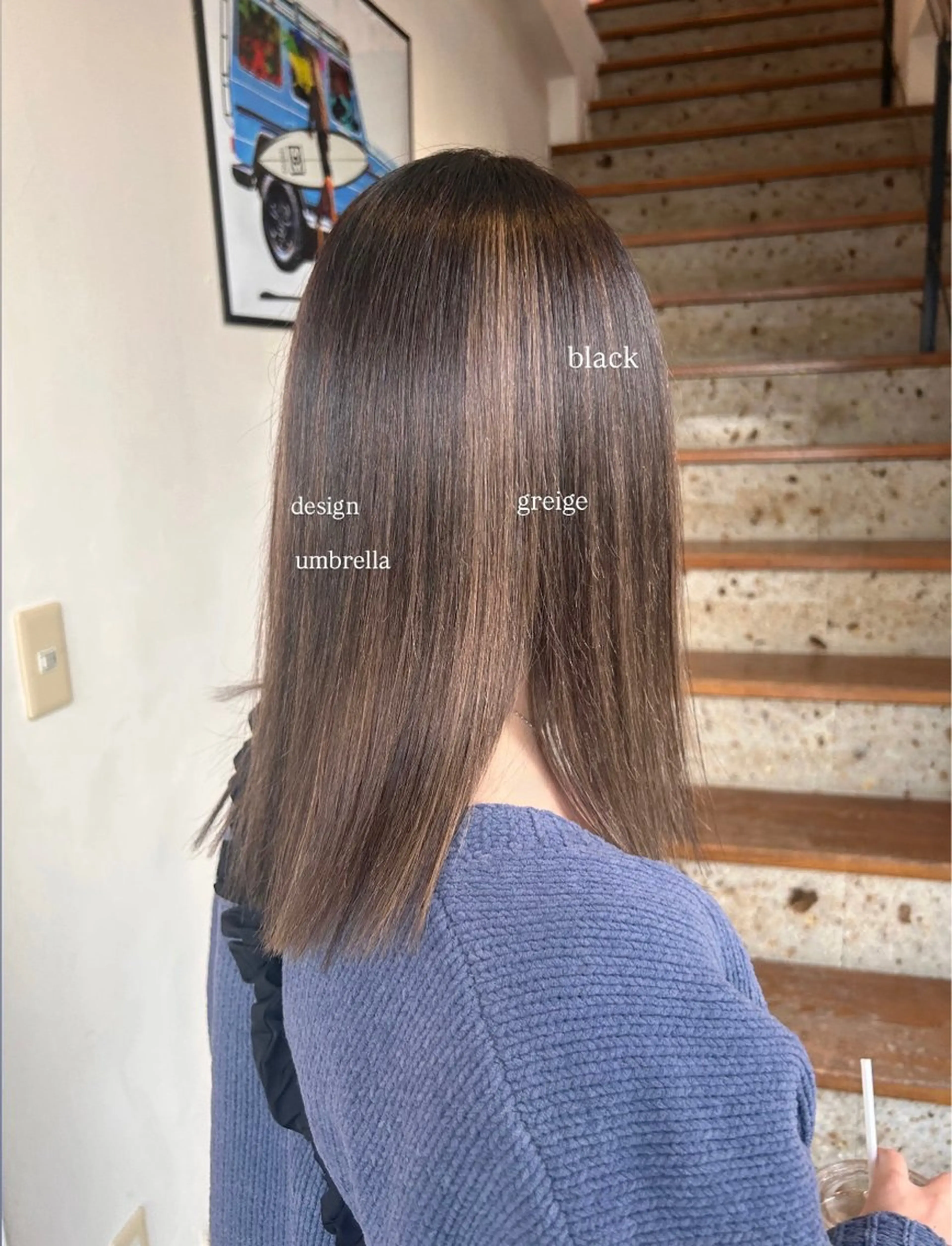 セミロング カラー 黒髪 デザインカラー グレージュ SUGAR / 沖野 りょうのヘアスタイル