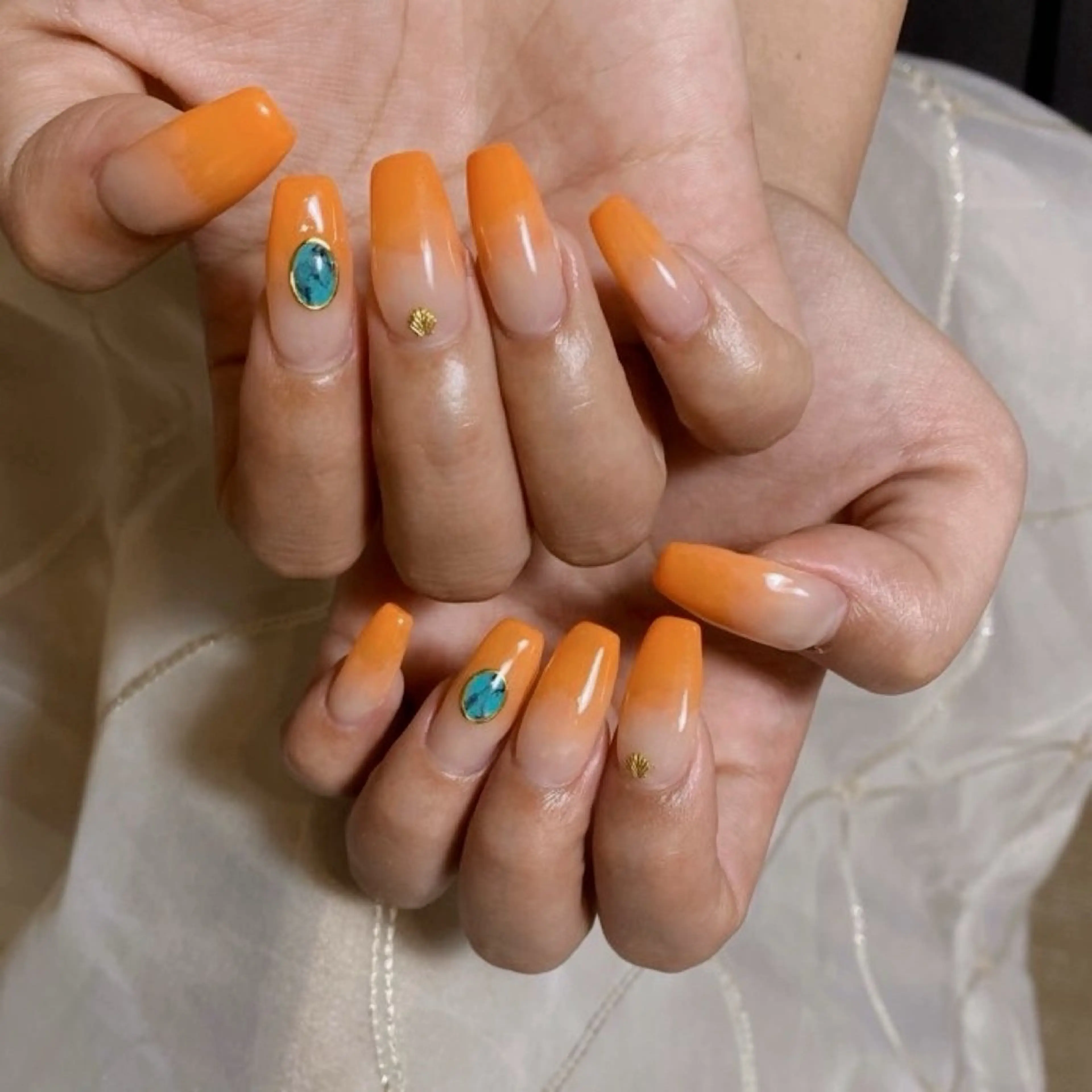 ネイル アートネイル ブルー ロングネイル 大理石ネイル(マーブル) オレンジ private nailsalonのネイルデザイン