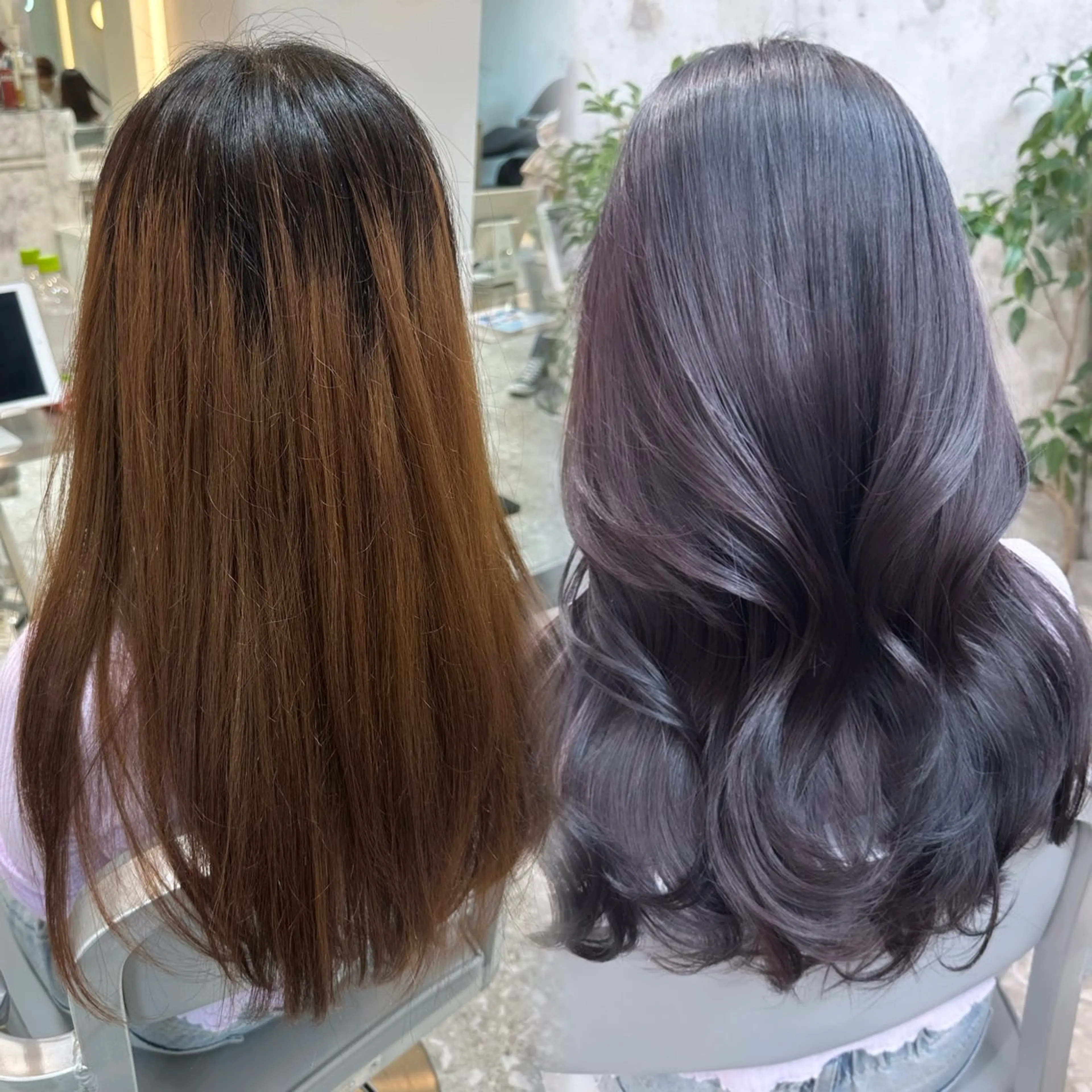 セミロング カラー ブリーチ 透明感カラー グレージュ ラベンダーカラー ラベンダーグレージュ カット ヘアカラー トリートメント 韓国レイヤー/透明感 カラー/髪質改善角所のヘアスタイル