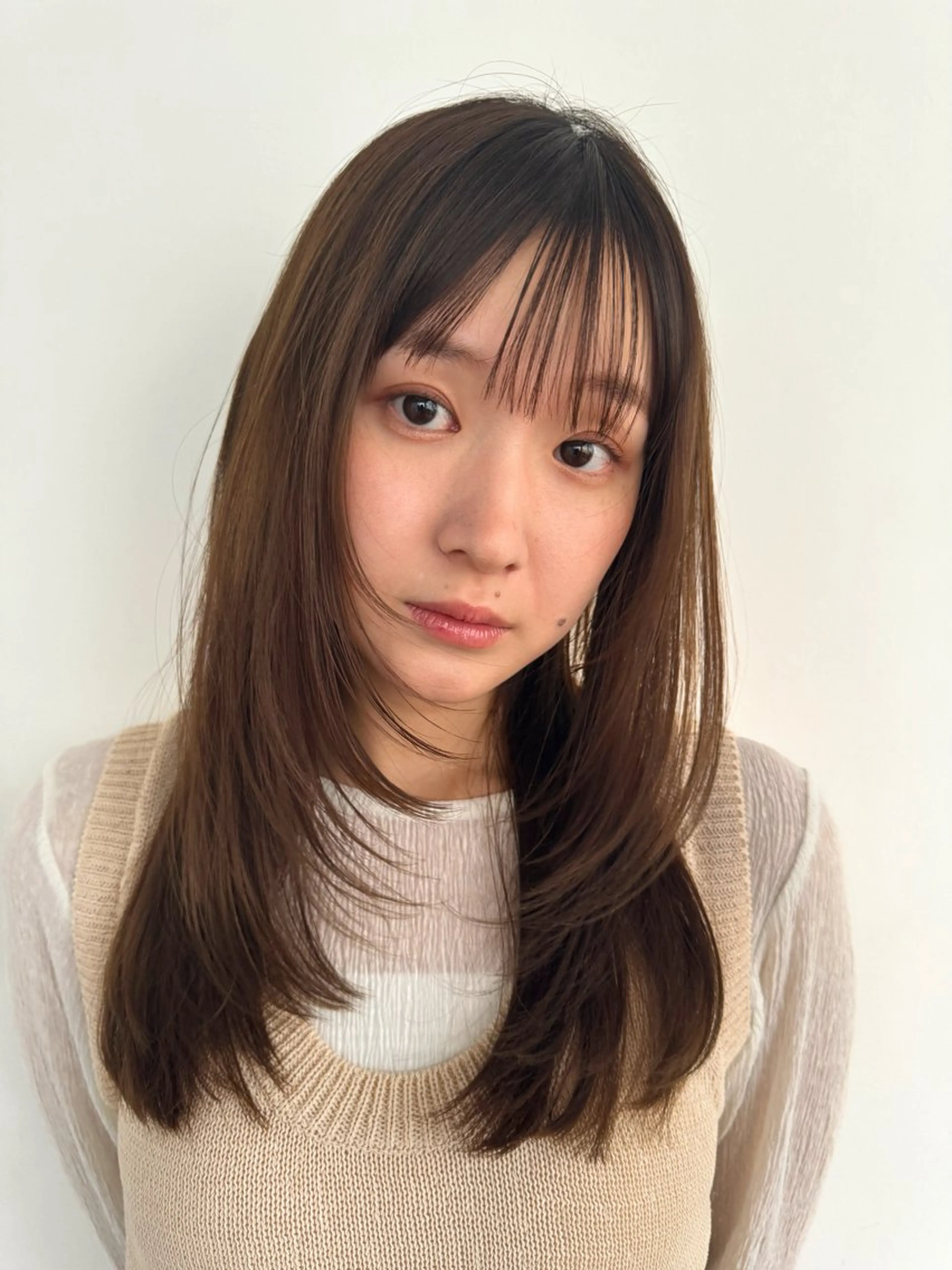 セミロング 顔まわりレイヤー レイヤーカット 暖色カラー/似合わせ カット/名古屋/辻のヘアスタイル