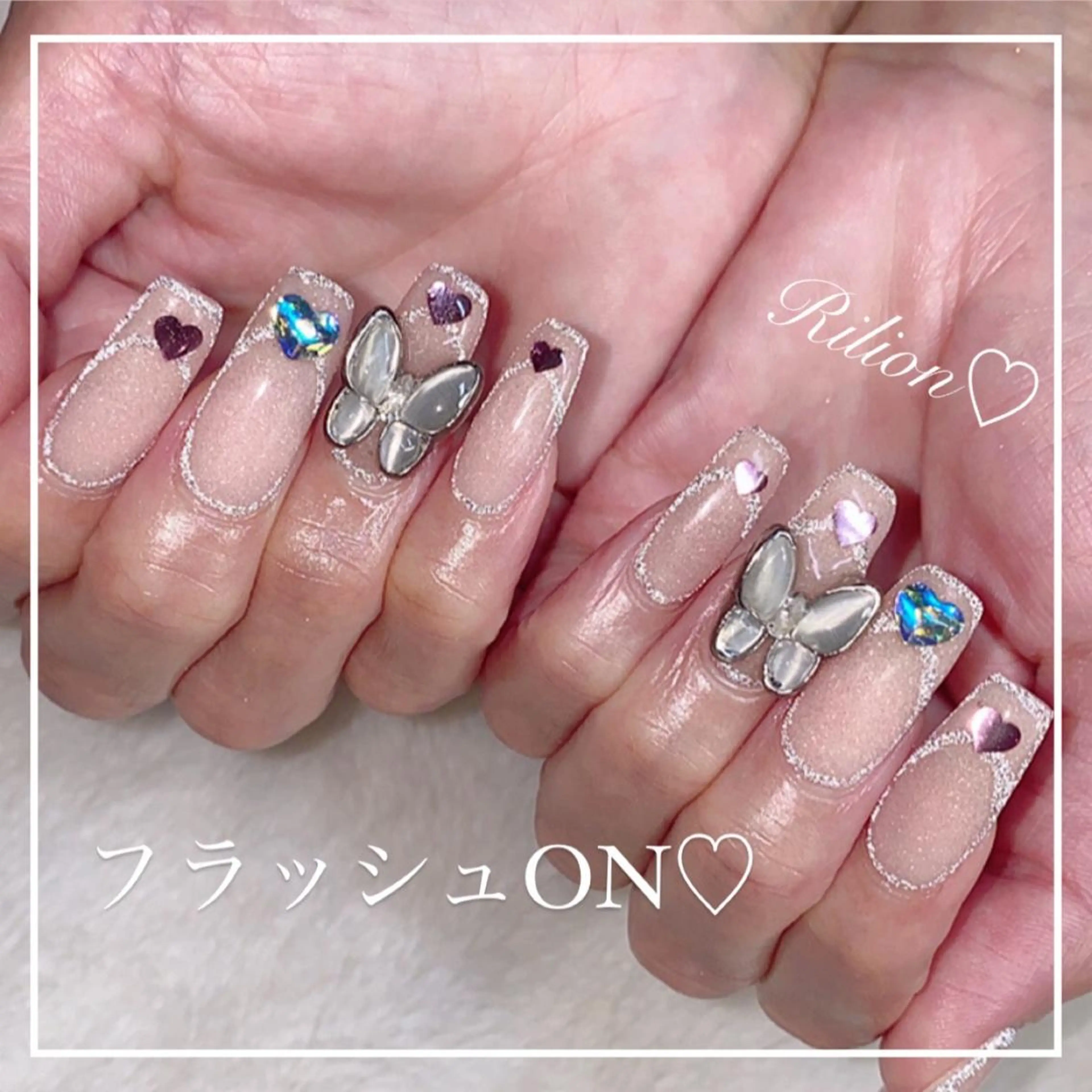 ネイル アートネイル フラッシュネイル フレンチネイル ジェルネイル 持ち込み RiLion💗 Risa🦋💜のネイルデザイン