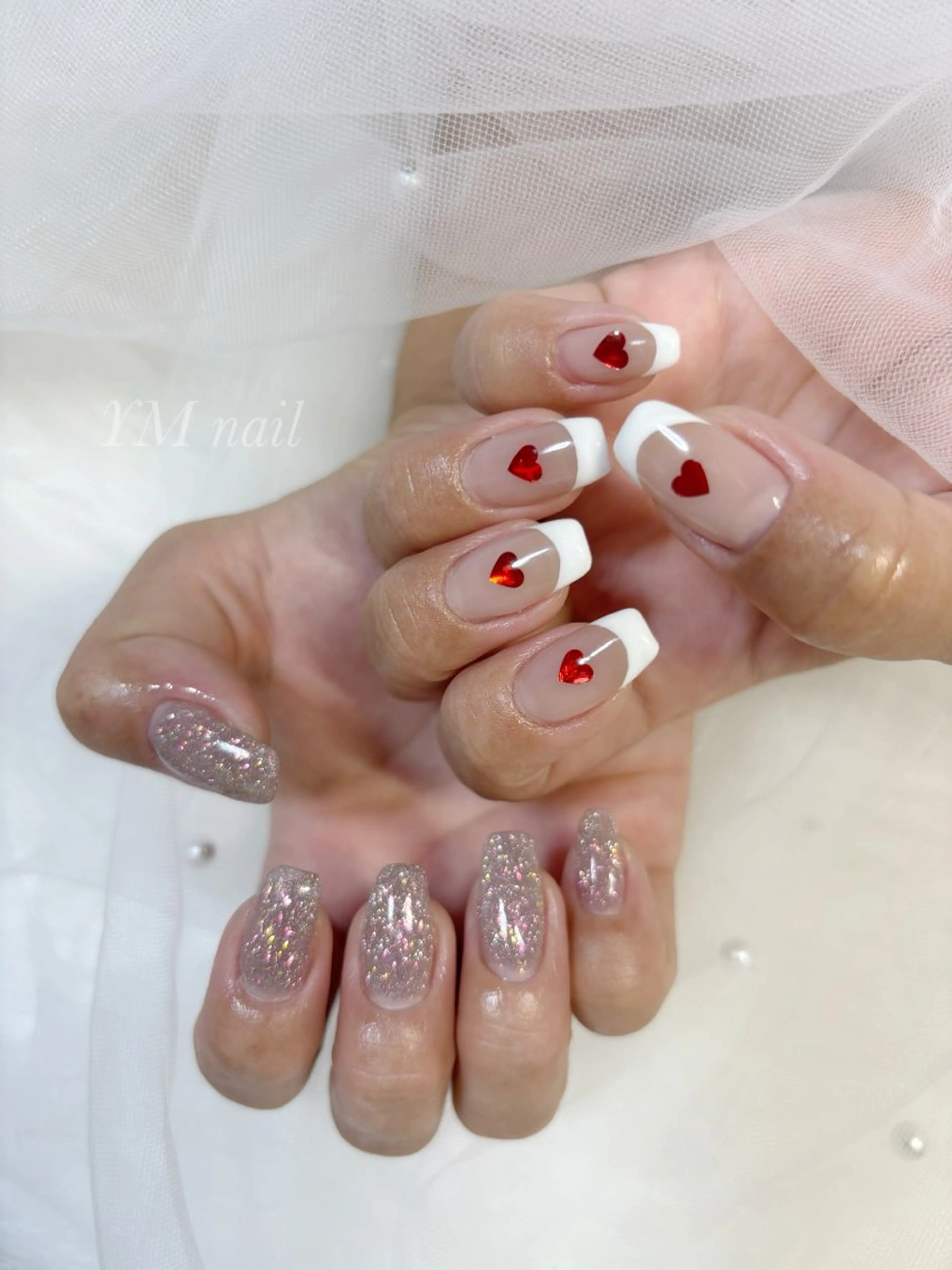 ネイル フラッシュネイル フレンチネイル ジェルネイル ハート キラキラネイル ハンドネイル YM nailのネイルデザイン