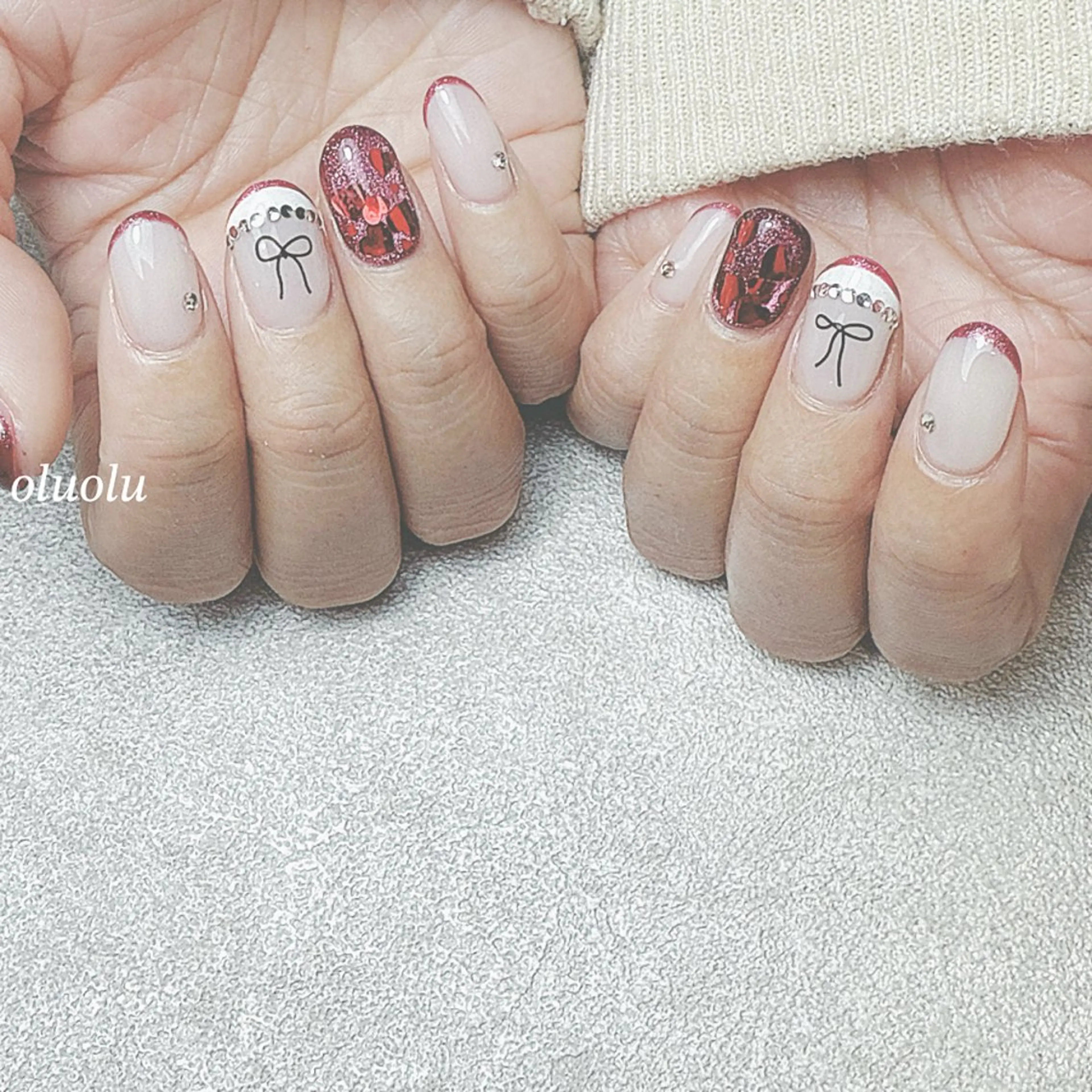 ネイル ジェルネイル ハート キラキラネイル マグネットネイル リボン ハンドネイル 大村 紬華のネイルデザイン