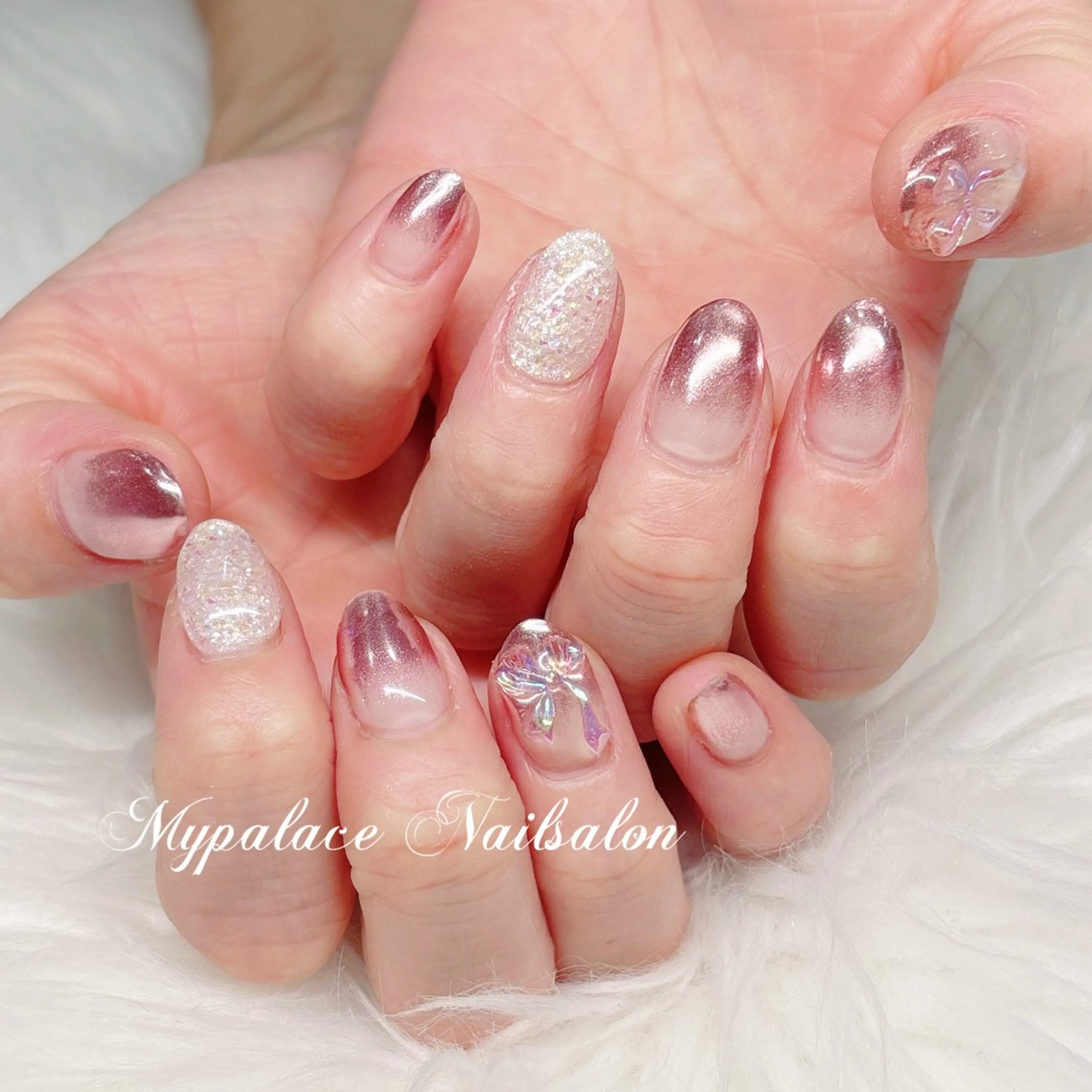 ネイル オーロラネイル グラデーション ミラーネイル ピンク リボン ハンドネイル Yuis Nailスカルプ専門のネイルデザイン