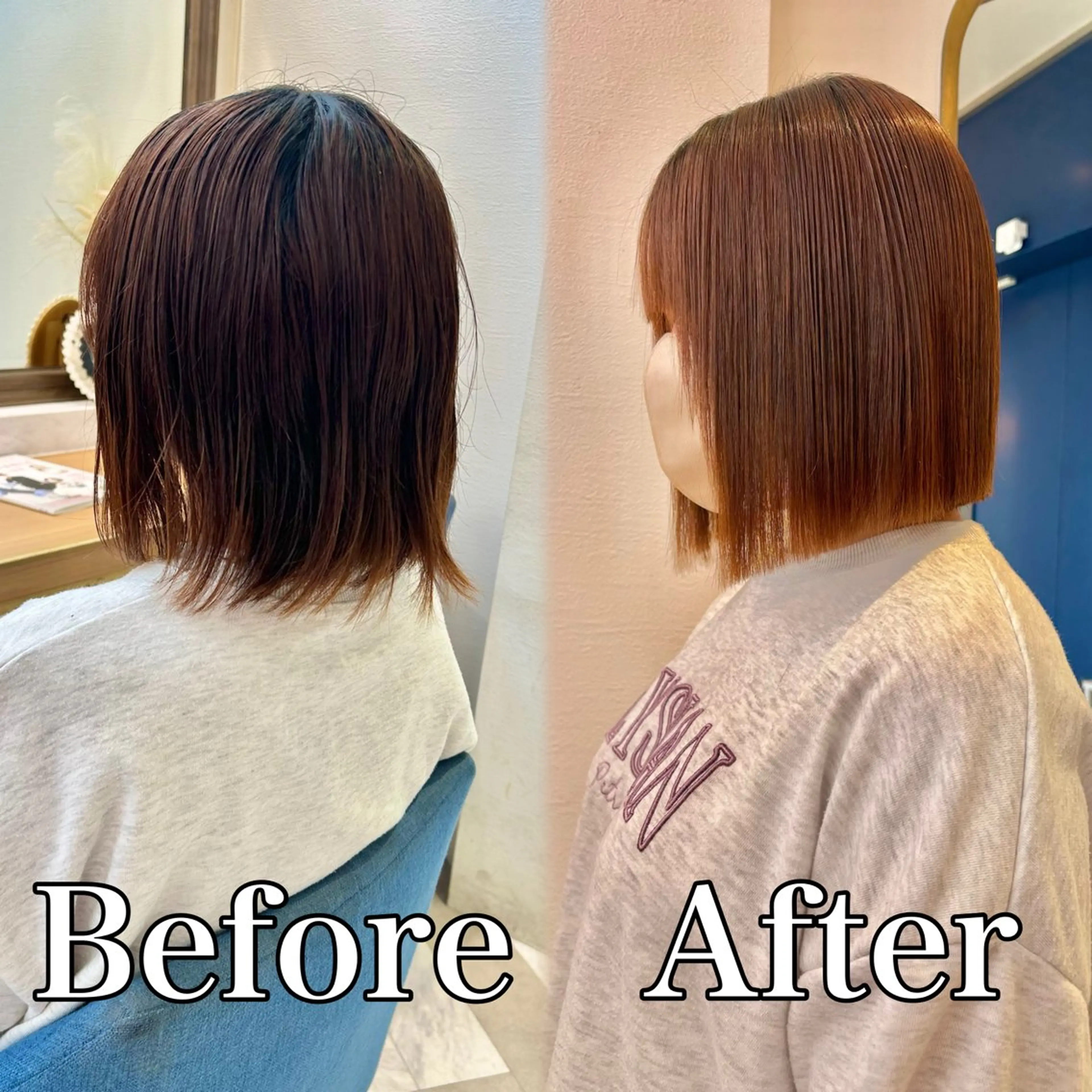 ミディアム カラー ワンレンボブ ブリーチ ブリーチなしカラー ボブ 顔周りカット カット ヘアカラー 縮毛矯正 髪質改善【縮毛矯正】 美髪ボブを量産する人のヘアスタイル