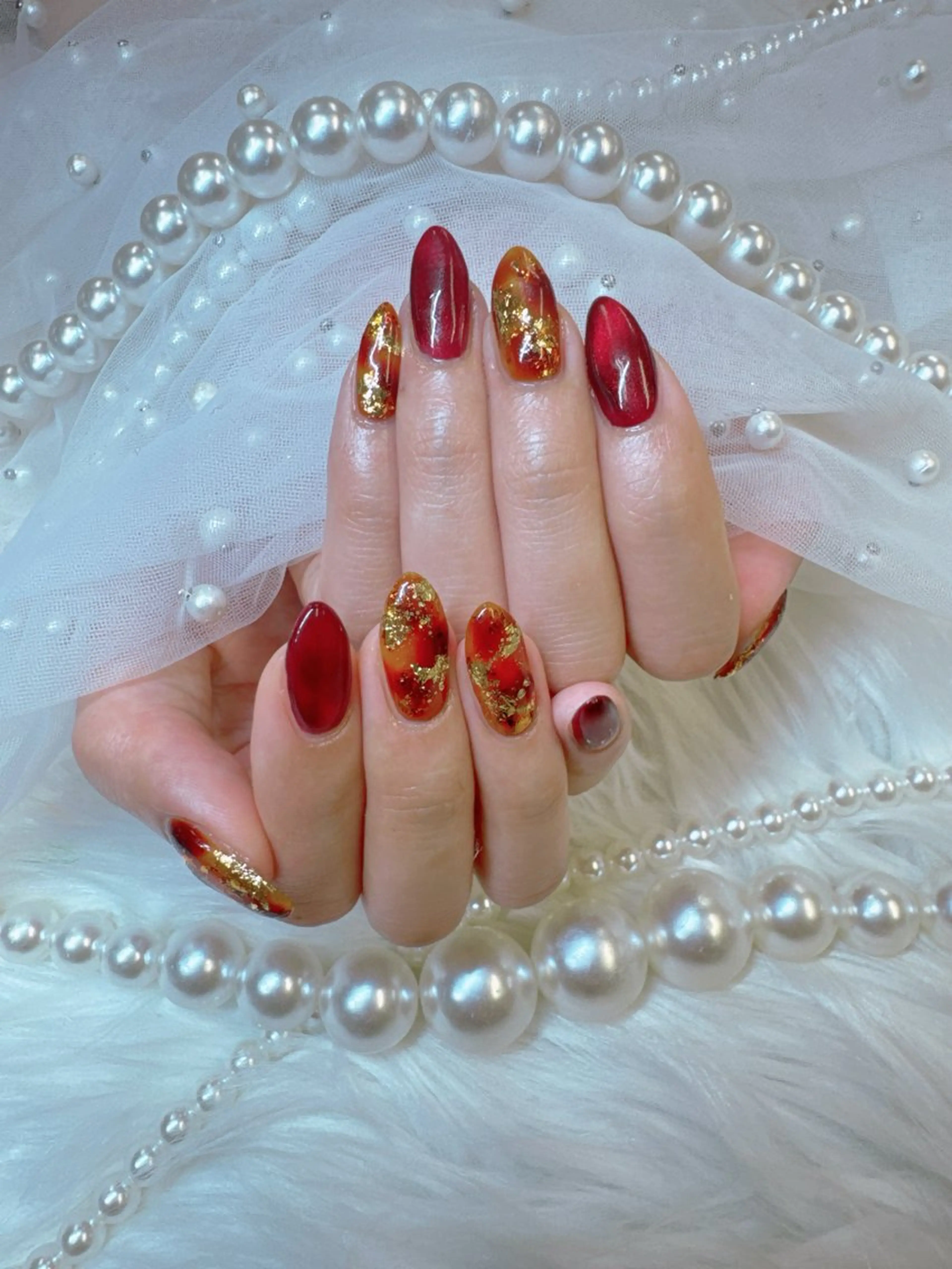 ネイル アートネイル べっ甲ネイル ボルドー チークネイル フレンチネイル クイーンズネイル銀座所属・Queeens nailのネイルデザイン