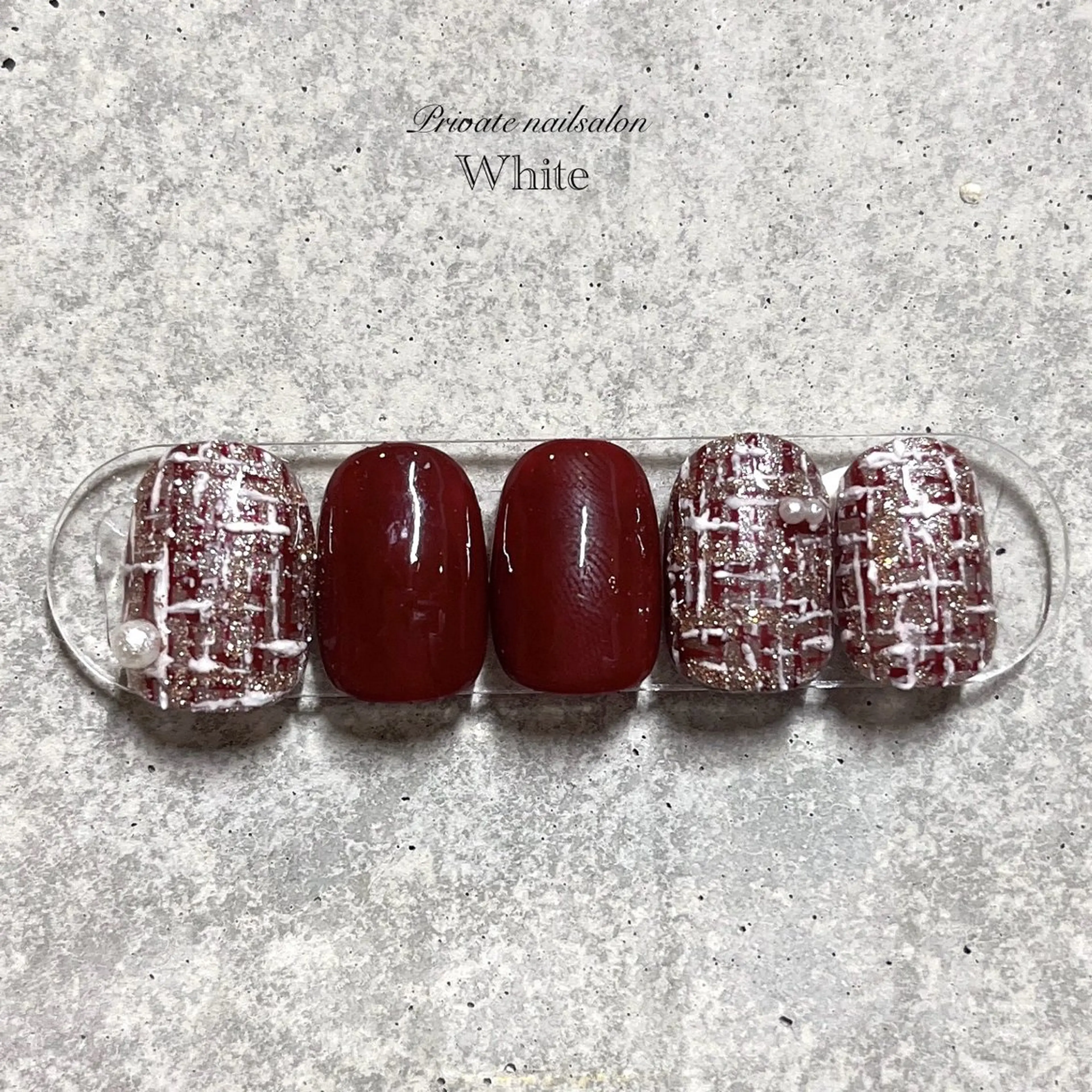 ネイル ボルドー キラキラネイル ニュアンスネイル リボン ツイードネイル ハンドネイル SAKASHITA KEIのネイルデザイン