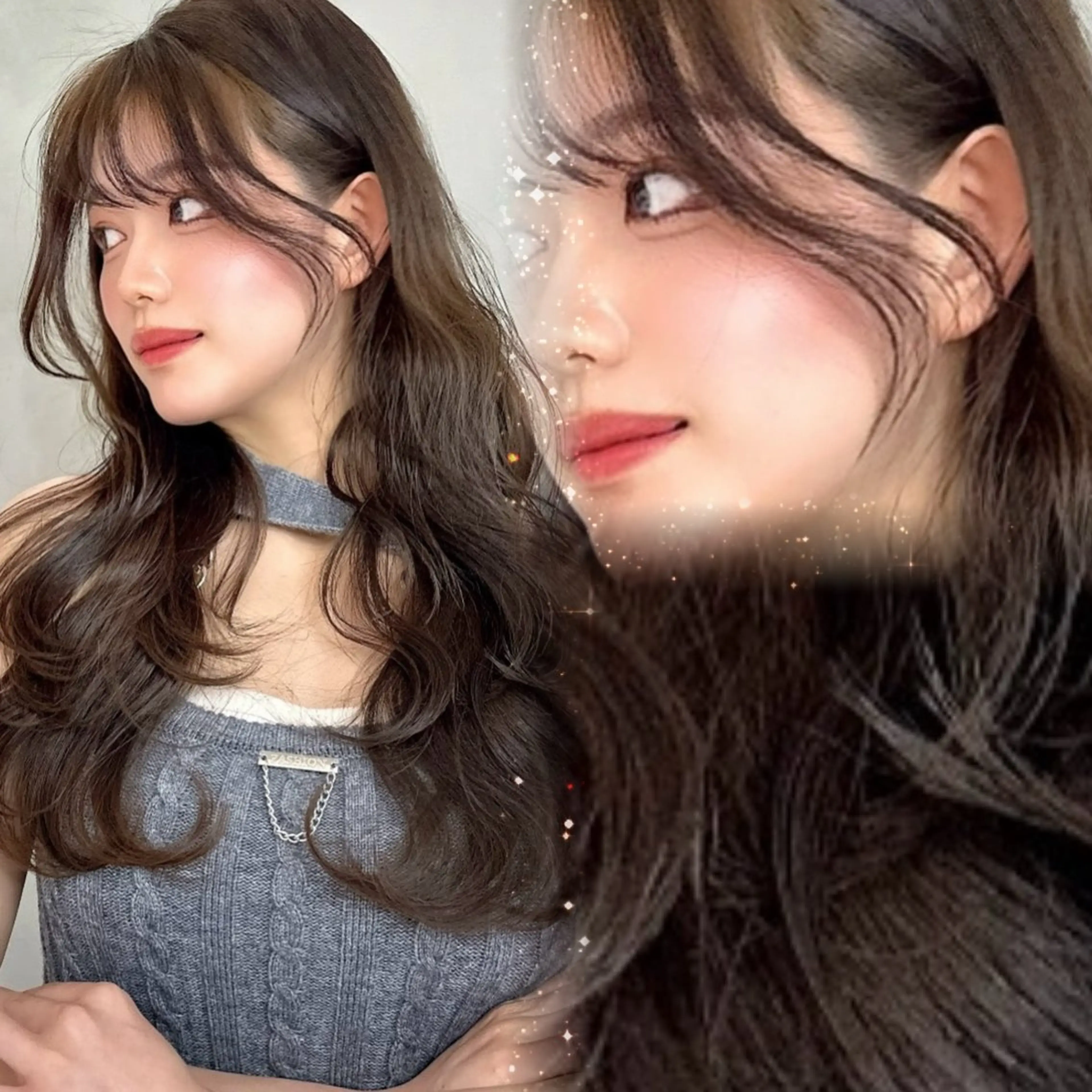 ロング アッシュ 顔周りカット ハイライト 韓国風ヘア ロング 似合わせカットカラー NANAMI♡のヘアスタイル