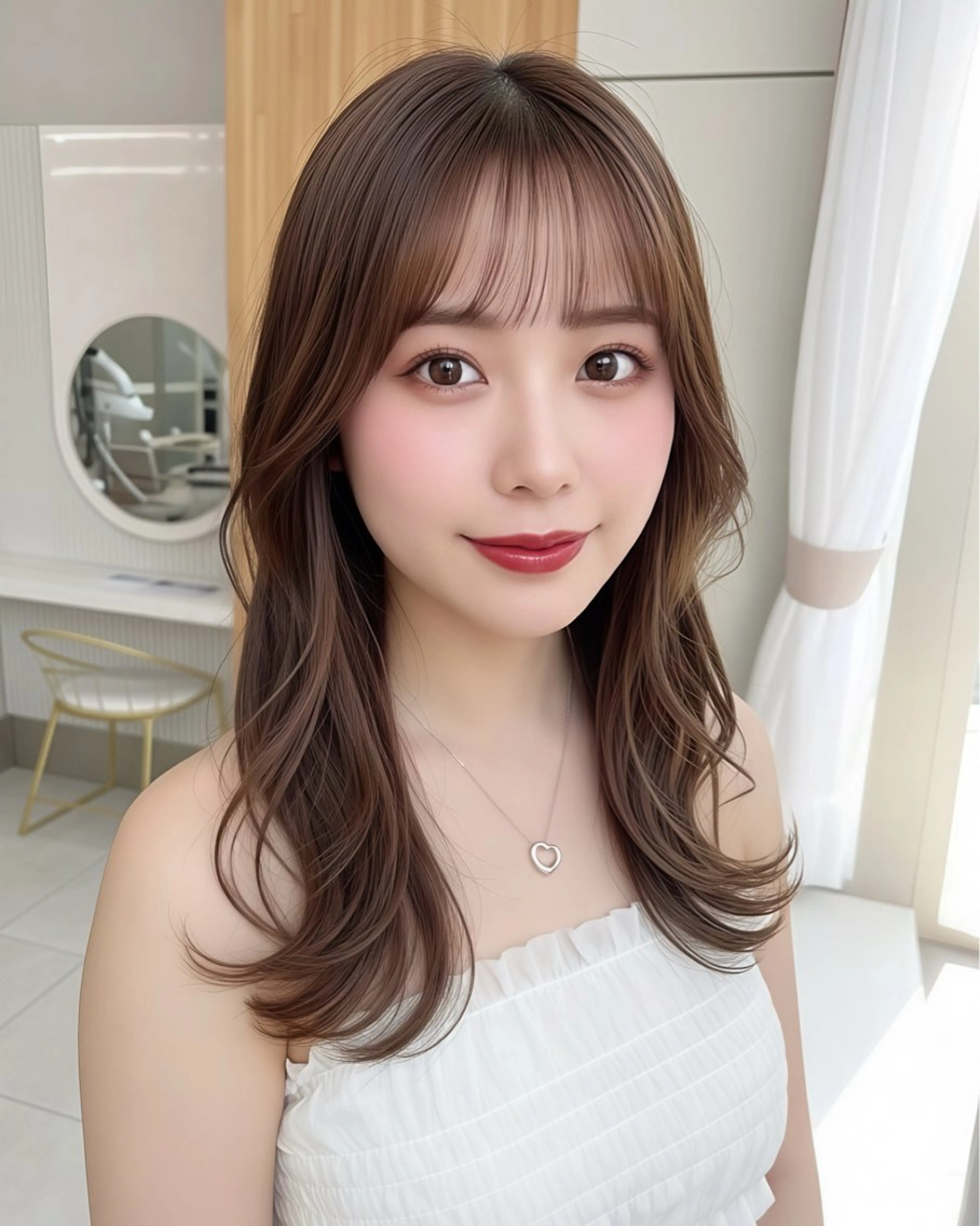 ミディアム カラー 透明感カラー レイヤーカット 似合わせカット 小顔カット カット ヘアカラー トリートメント 顔まわり/似合わせひ し形シルエット/難波のヘアスタイル