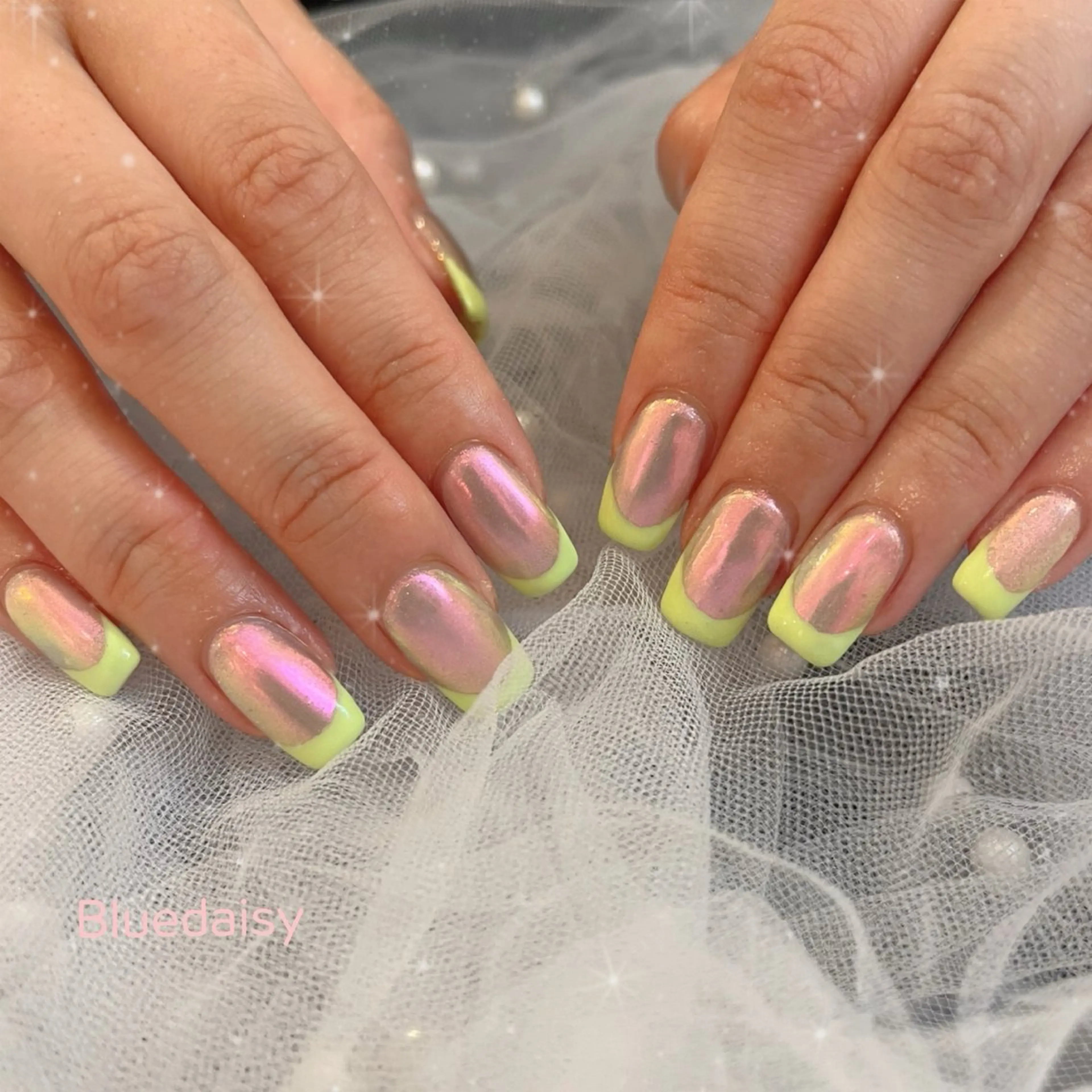 ネイル フレンチネイル ミラーネイル ピンク ハンドネイル ブルーデイジー栄本店所属・BlueDaisy 栄本店のネイルデザイン