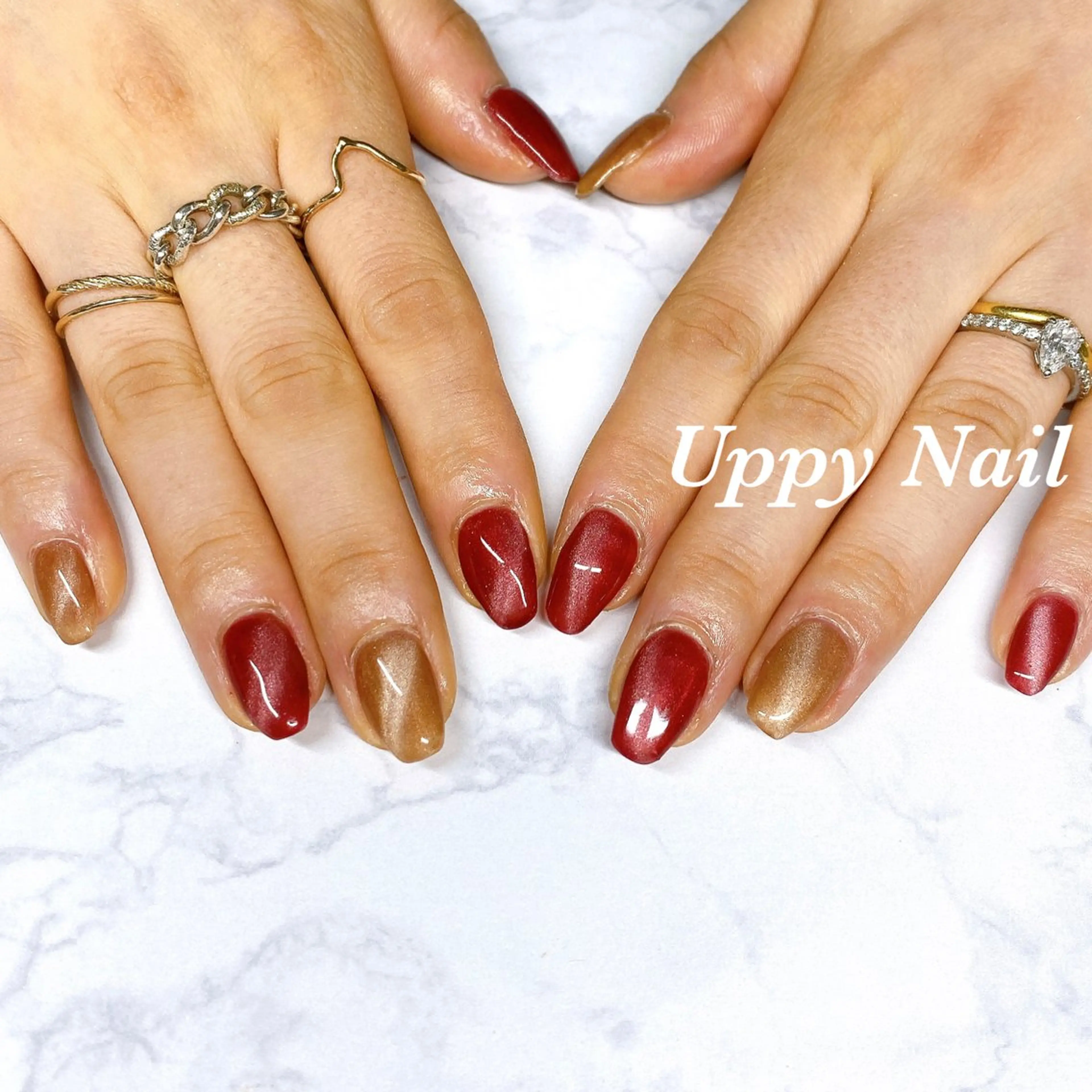 ネイル マグネットネイル オレンジ 赤色 ハンドネイル Uppy Nail ukyoのネイルデザイン